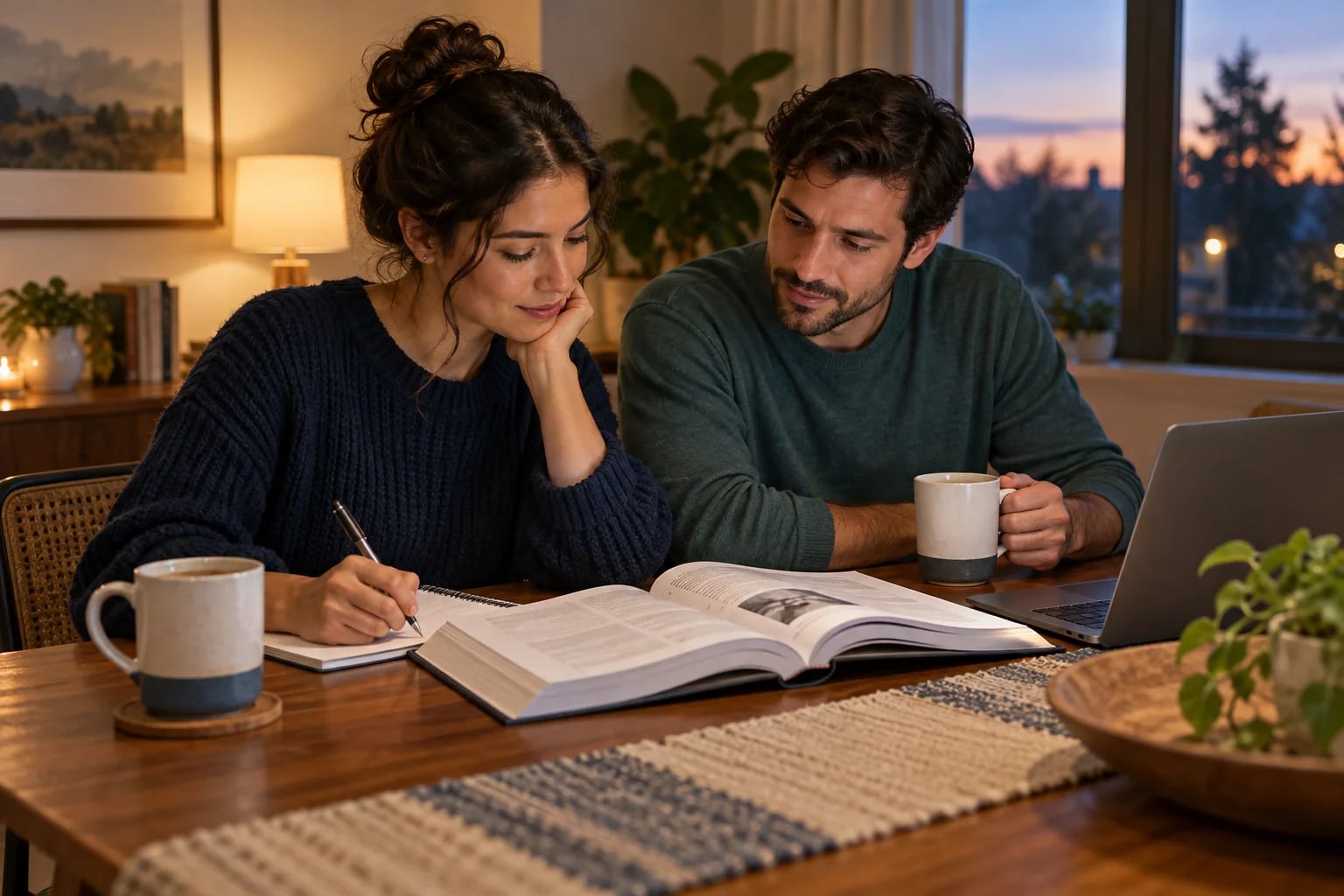 Graduate student studying at home with their partner