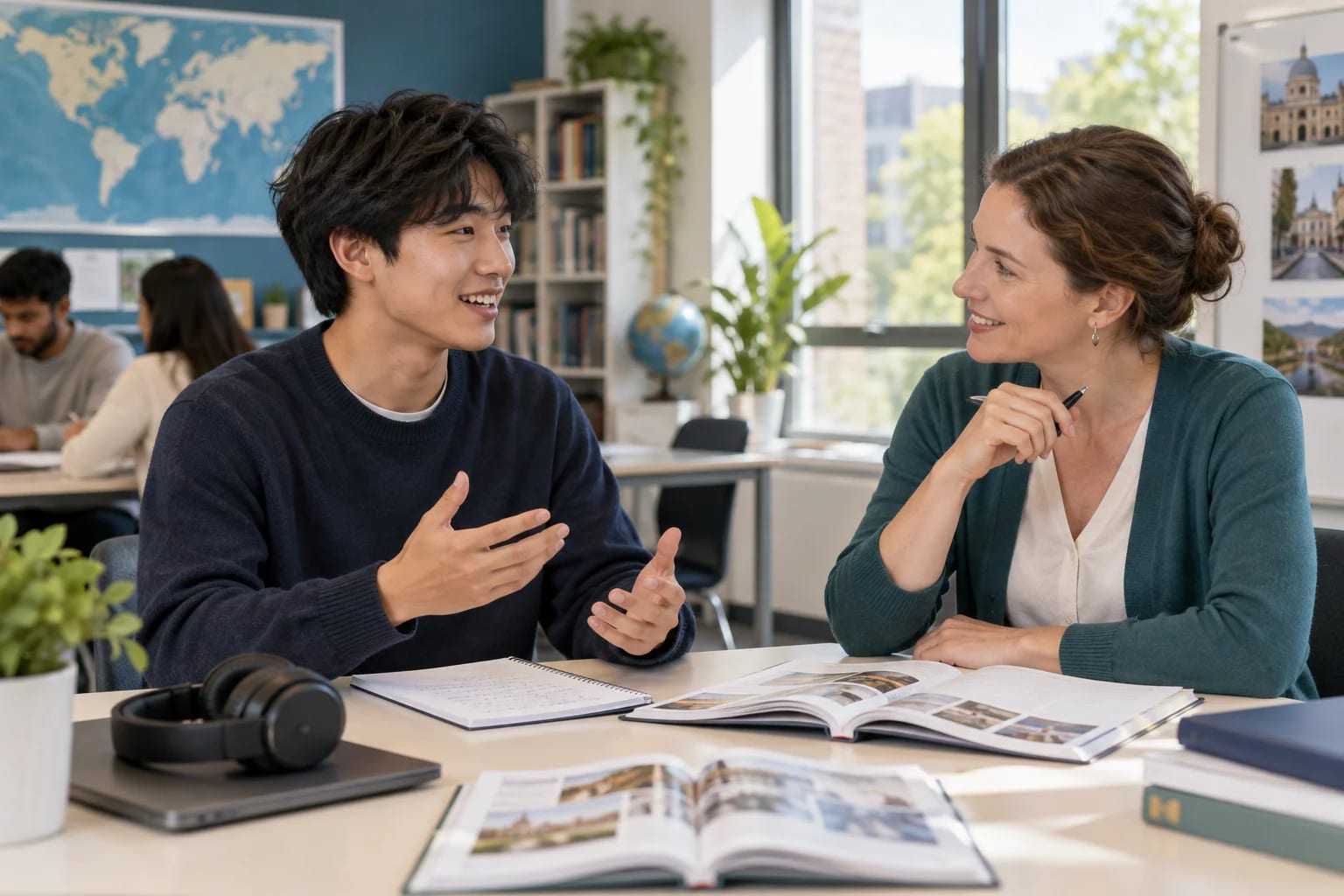 Student practising English with a tutor