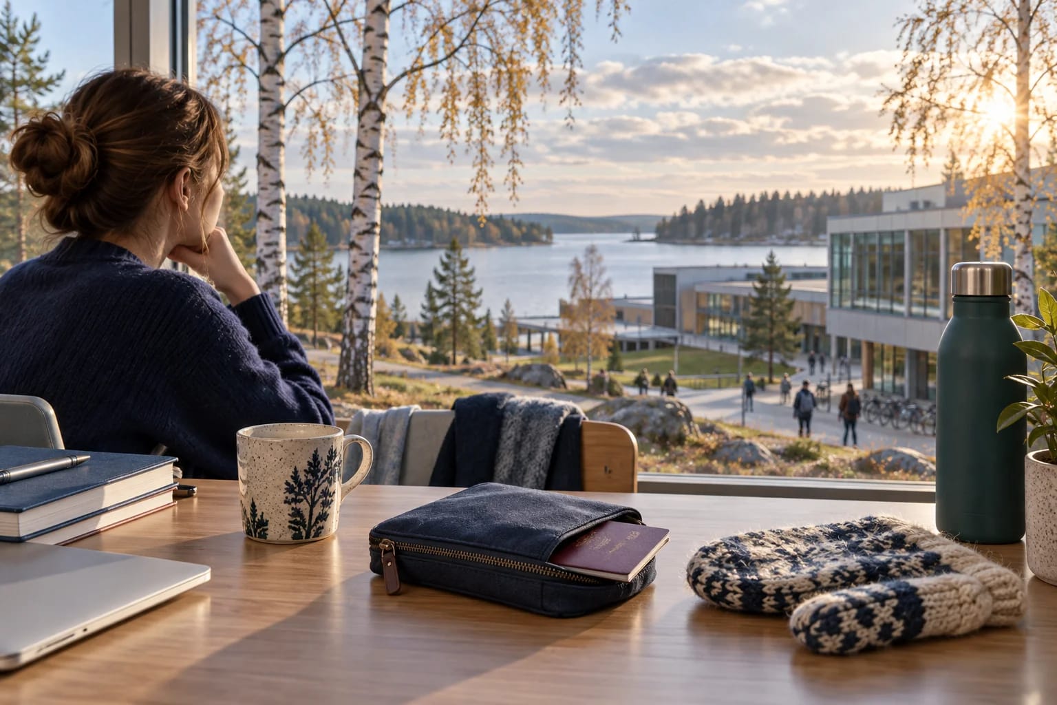 Study documents and mittens overlooking a Finnish lakeside campus
