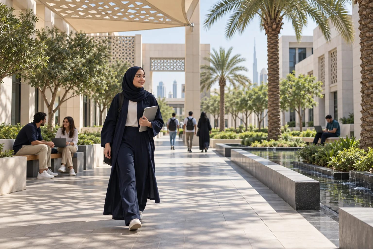 Student walking through a palm-lined modern campus courtyard
