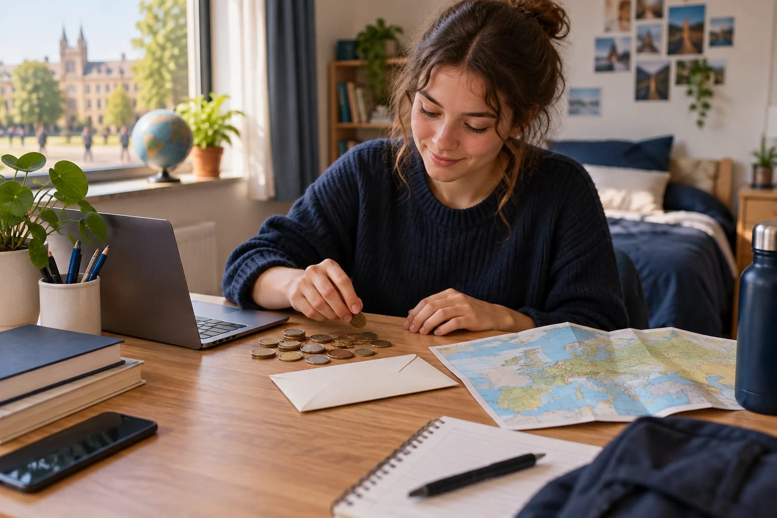 Euro coins and a notebook beside a map on a budgeting desk