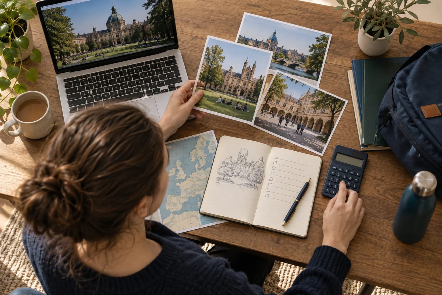 Study materials and European city photographs arranged on a desk