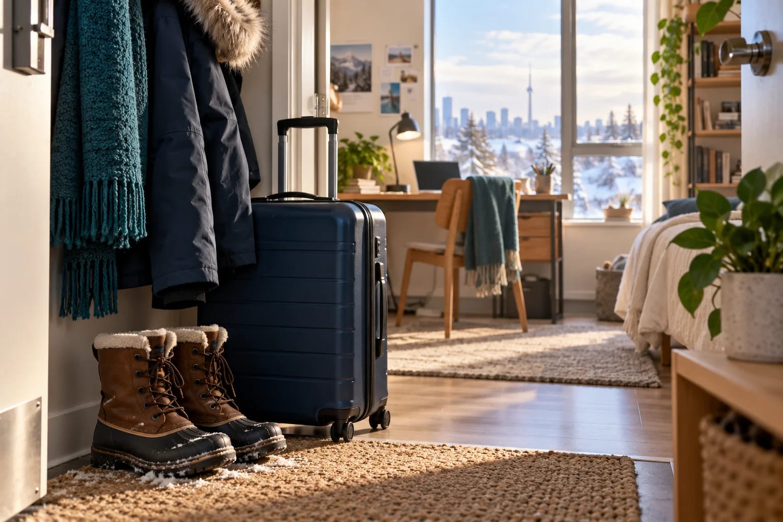 Winter boots, coat and suitcase in a bright apartment entrance