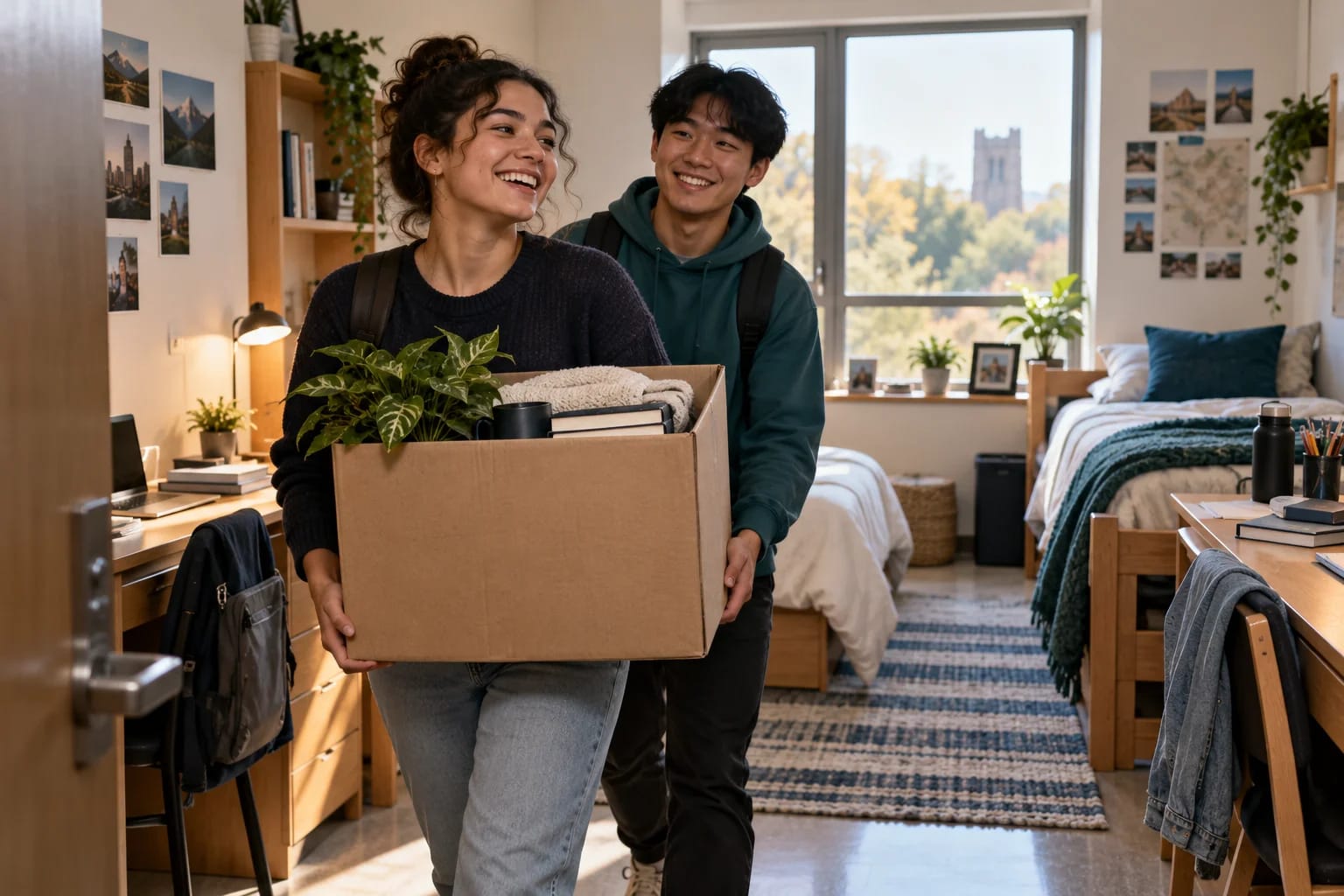 Two students carrying a moving box into a residence room