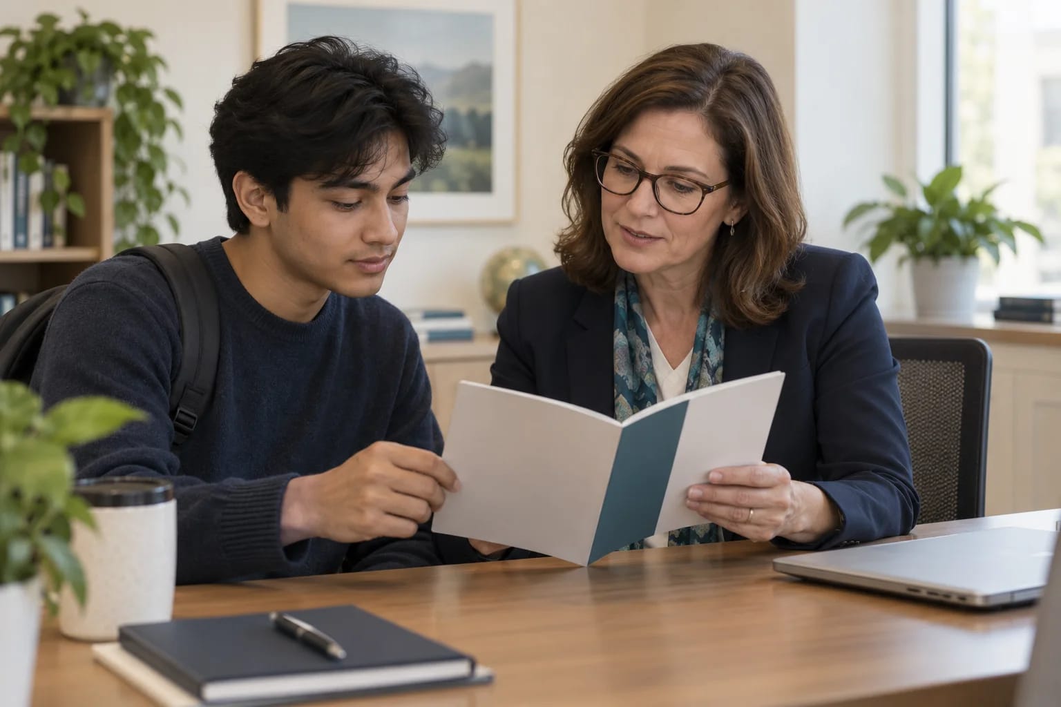 Student and adviser reviewing an insurance booklet
