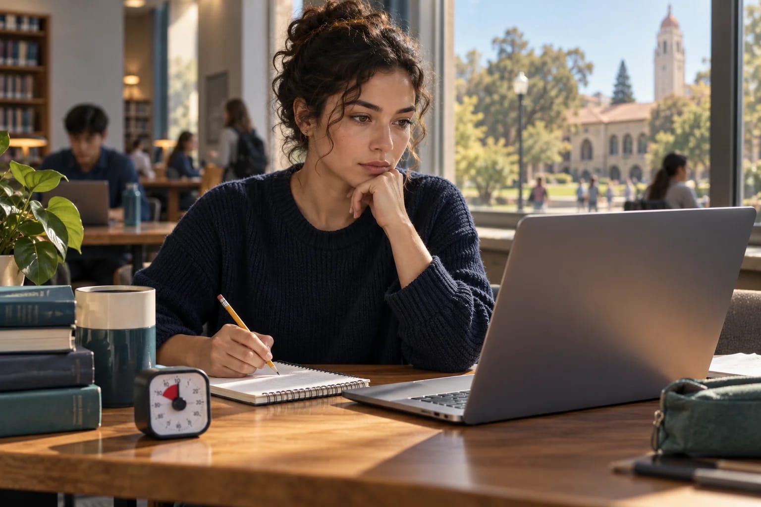Applicant practising at a laptop with a notebook and timer