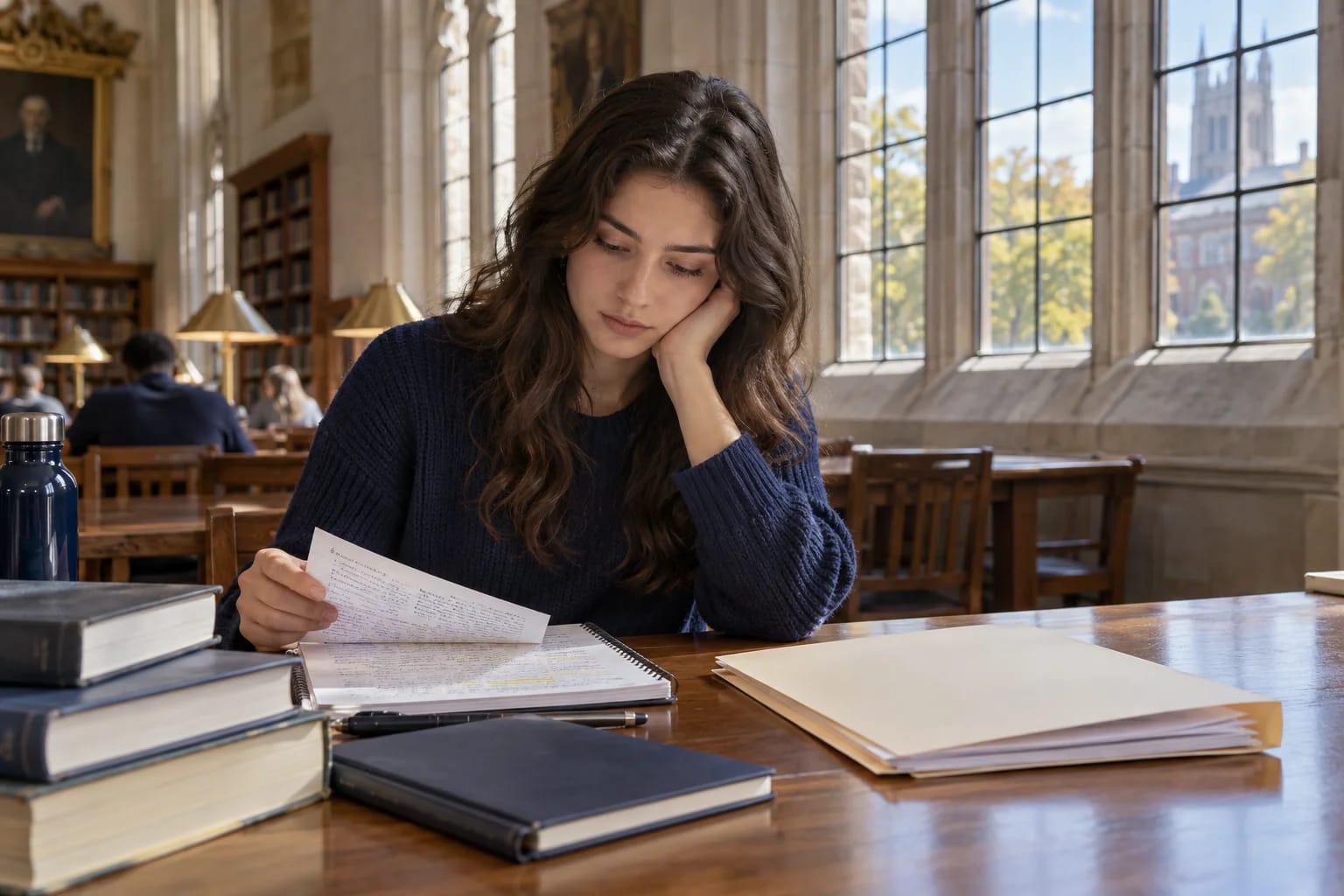 Student reviewing academic documents in a university library