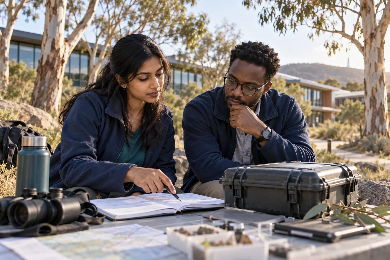 Two researchers discussing fieldwork notes near a university research building