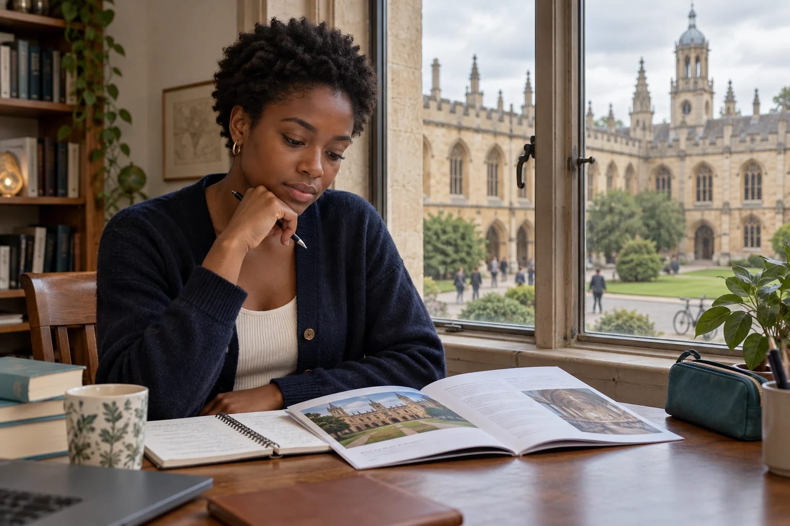 Student reviewing course information beside a window overlooking a stone courtyard