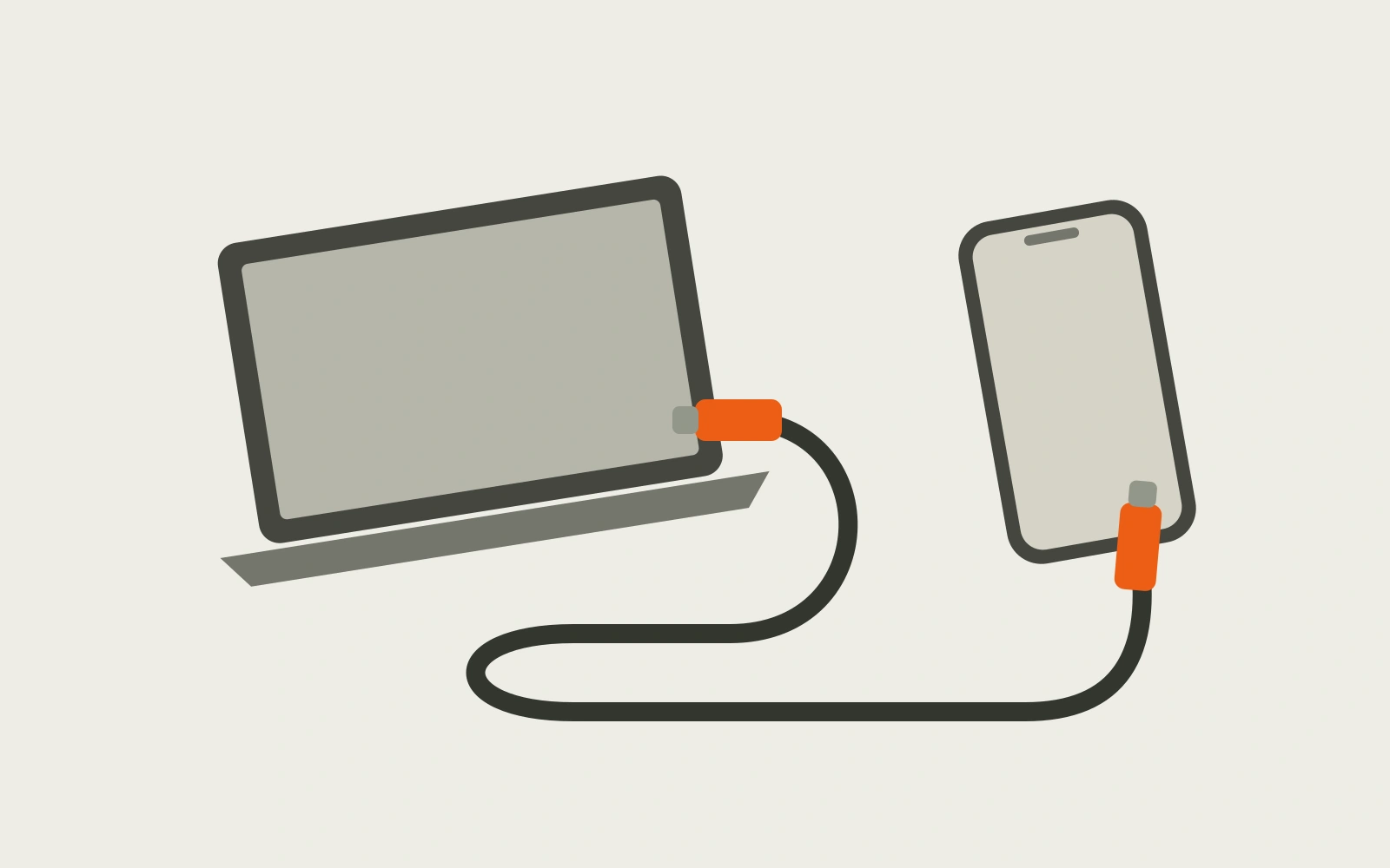 Laptop and phone connected by a long USB-C cable