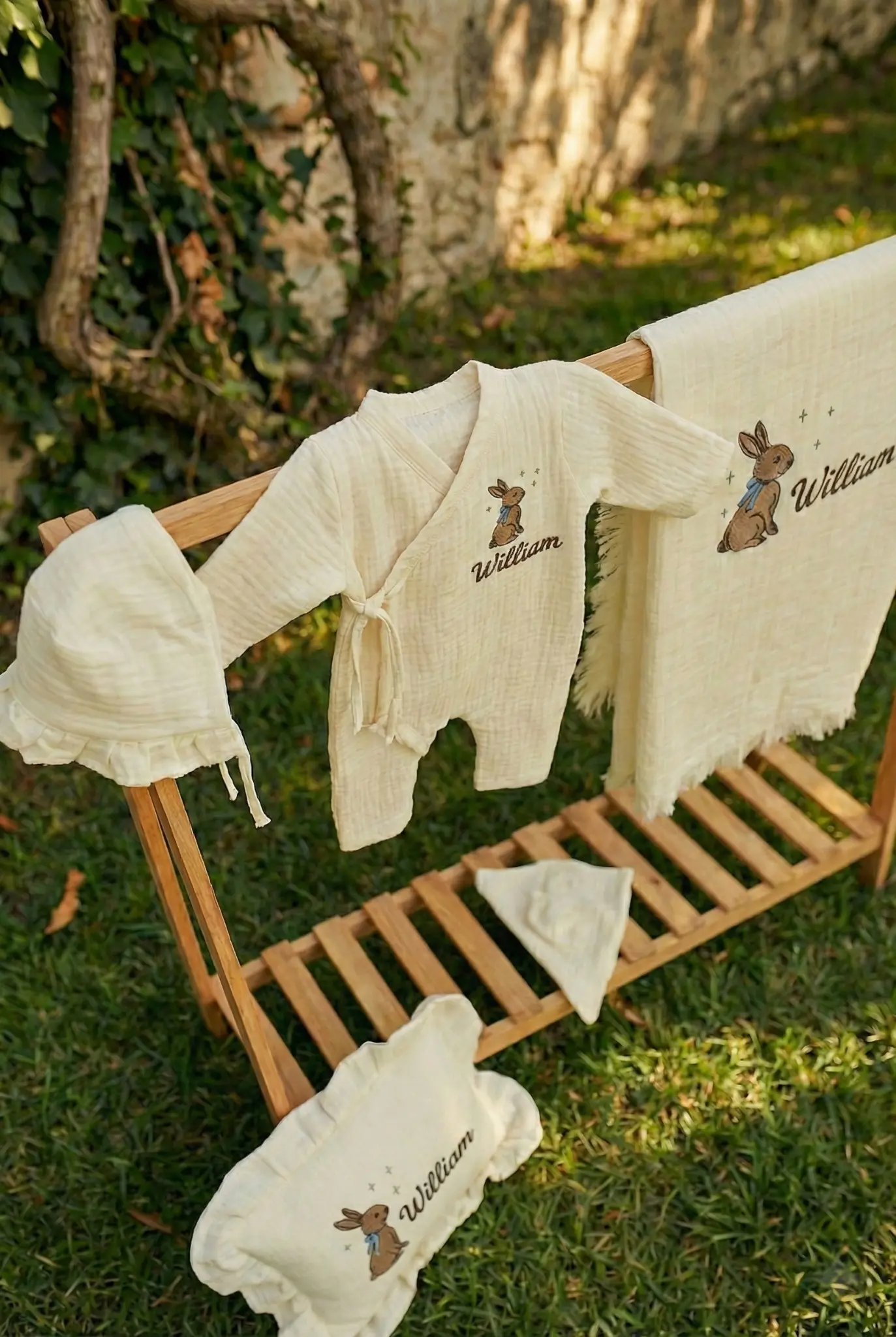 Little Prince's Tale Baby Set | 6-Piece Personalized Muslin Collection with Amigurumi Bunny - thumbnail 5