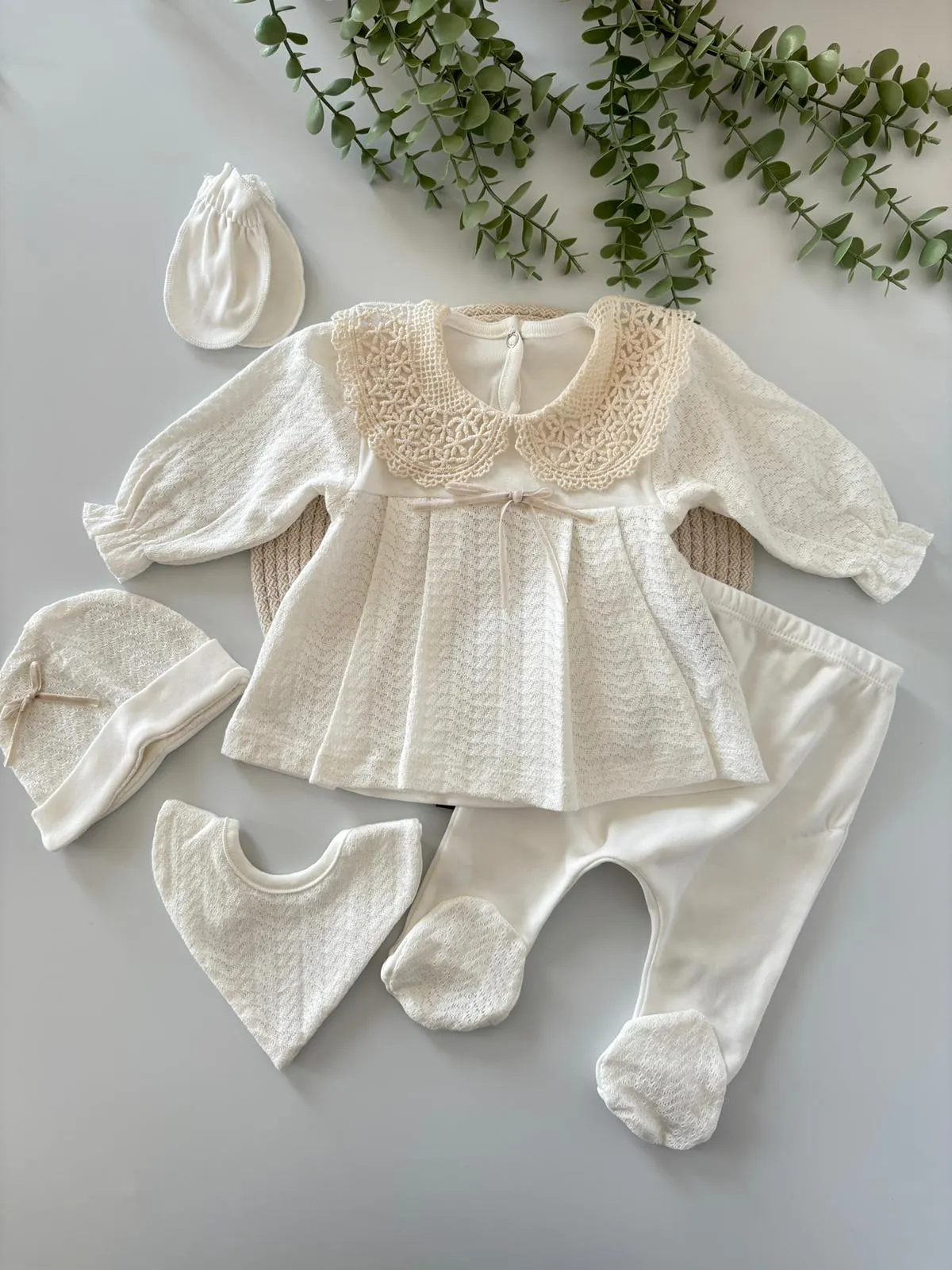 Vintage Crochet Baby Set | 5-Piece Heirloom Collection with Lace Collar - thumbnail 2