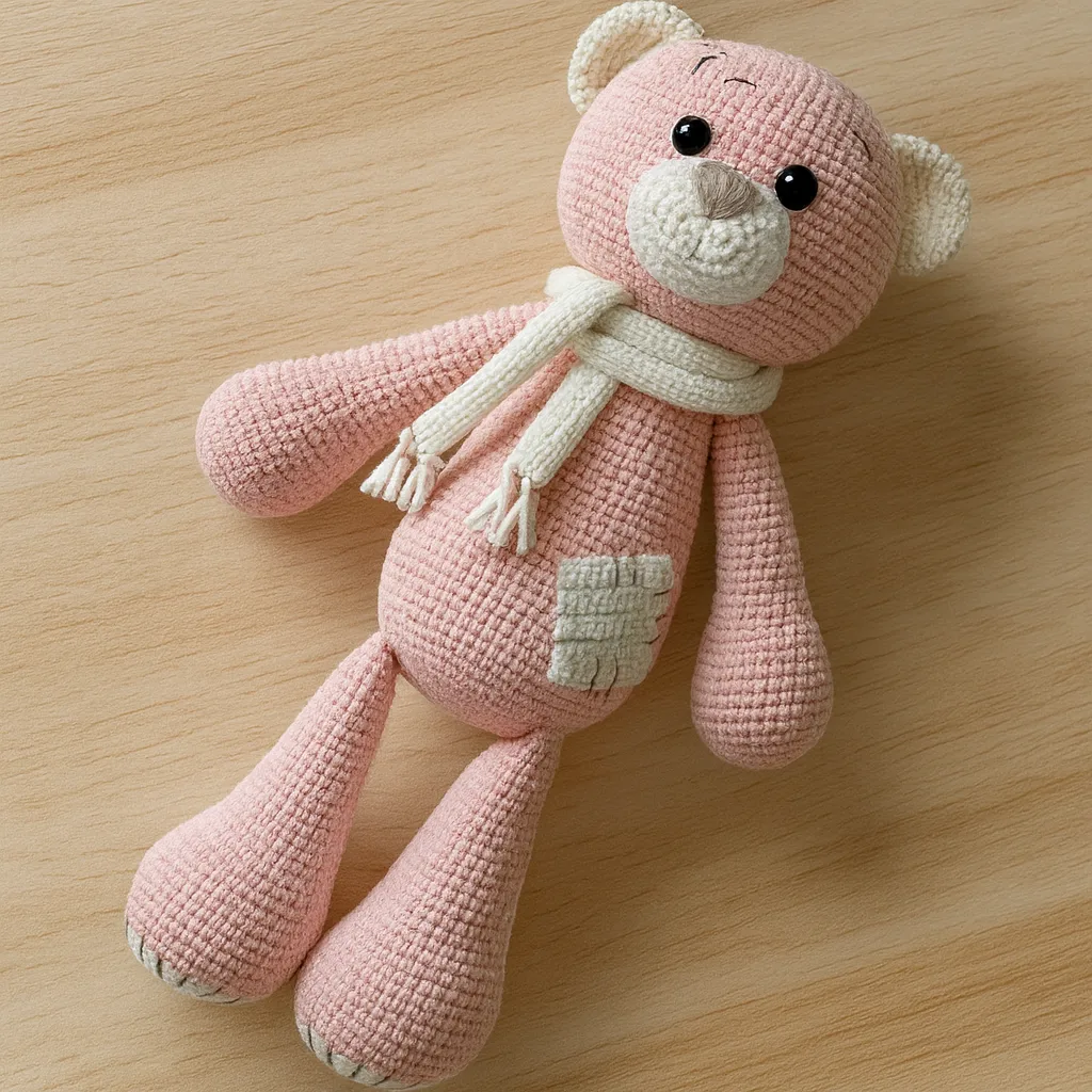 Winter's Tale Pink Bear | Handmade Amigurumi Teddy with Scarf & Patch Detail - thumbnail 1