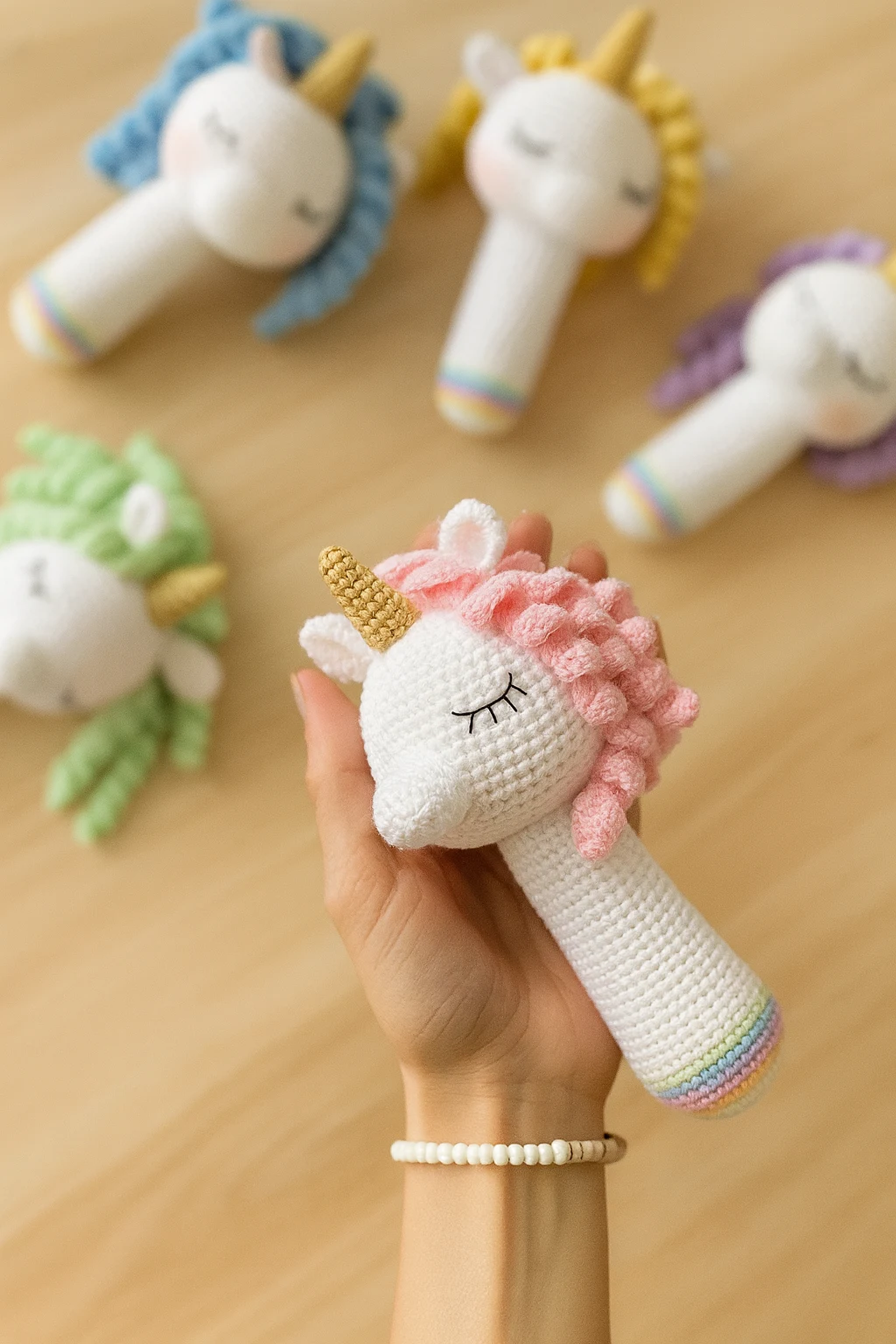Magical Unicorn Rattle | Hand-Knitted Organic Cotton Baby Toy - thumbnail 1