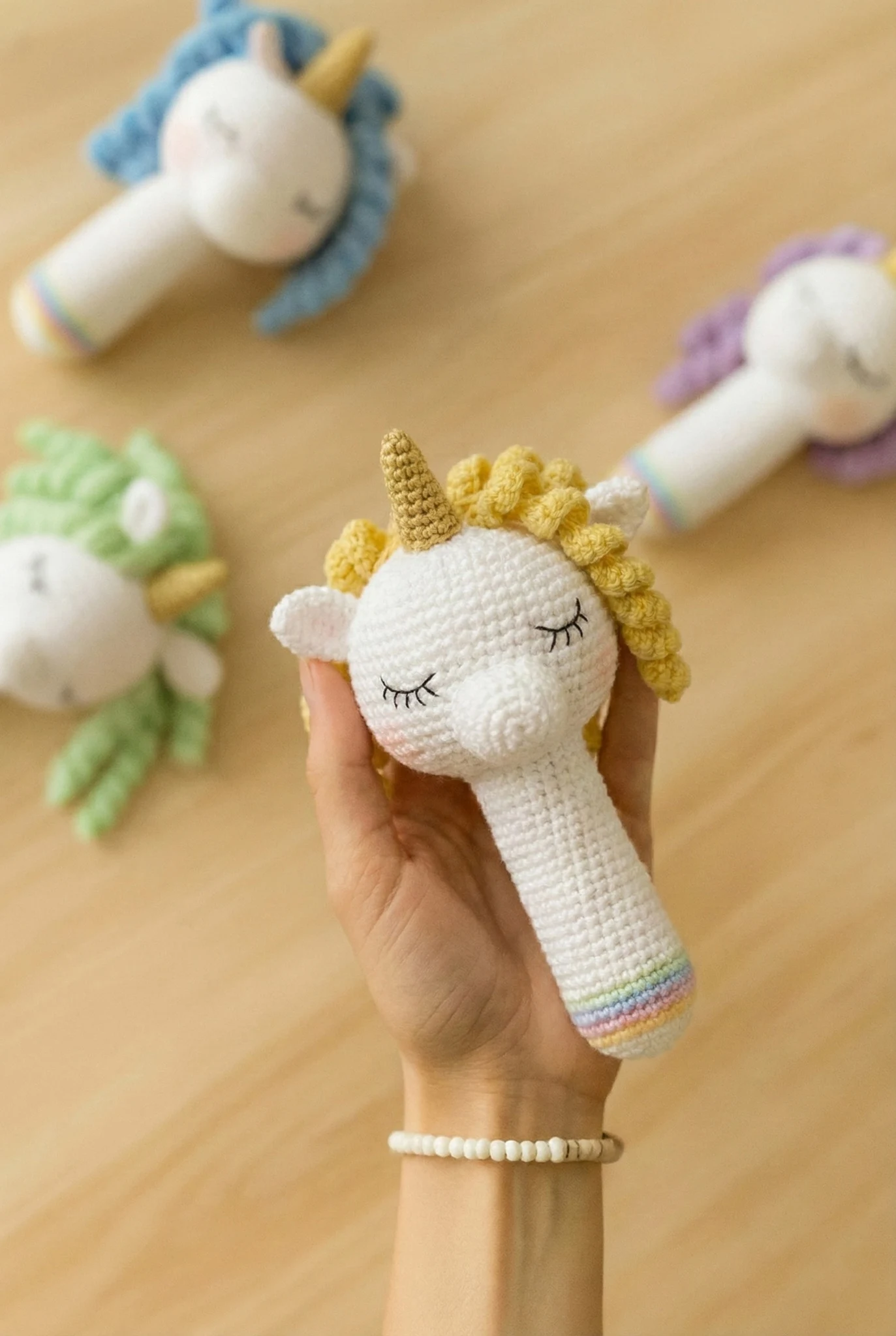 Magical Unicorn Rattle | Hand-Knitted Organic Cotton Baby Toy - thumbnail 4