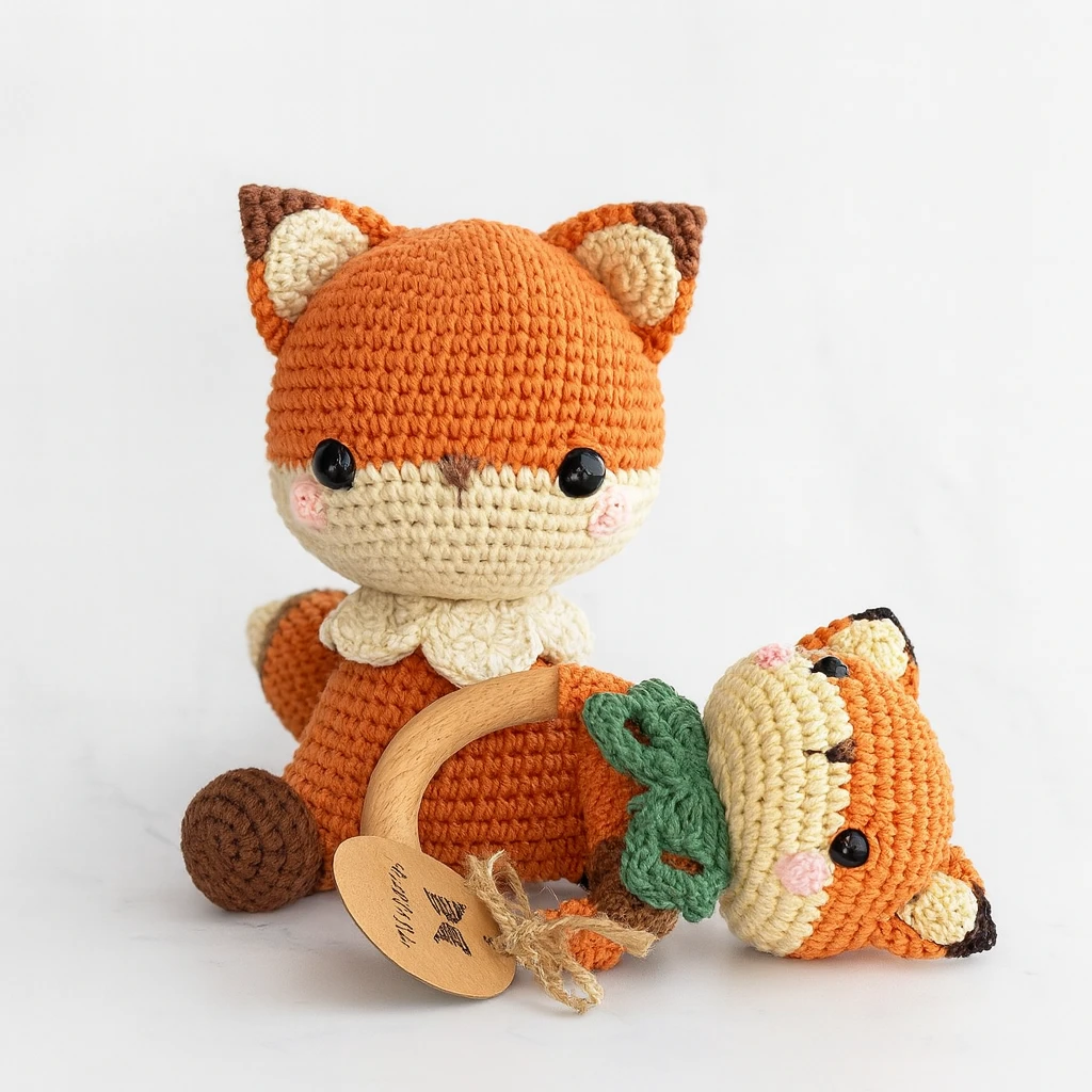 Forest Friend Fox Set | 3-Piece Handmade Crochet Baby Gift with Natural Wood Rattle - thumbnail 1