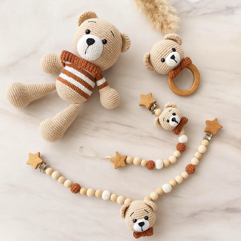 Handmade Crochet Bear Gift Set | 3-Piece Organic Baby Companion with Natural Wood Rattle - thumbnail 1