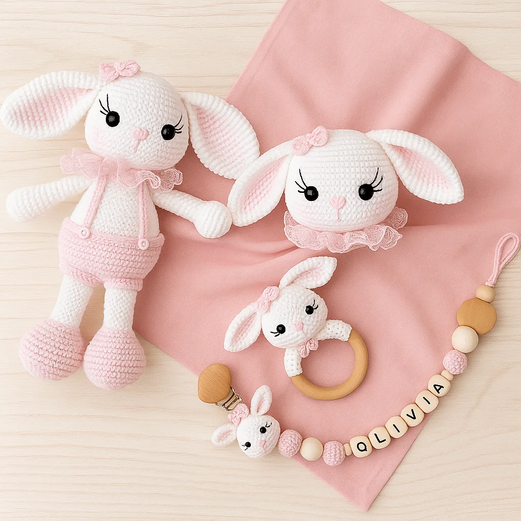 Princess Bunny Sleep Companion Set | 3-Piece Handmade Crochet Gift with Personalized Clip - thumbnail 1