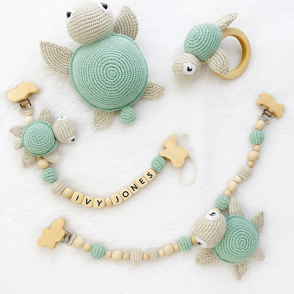 Amigurumi Turtle Sleep Companion Set | Handmade Crochet Baby Gift with Personalized Clip - thumbnail 1