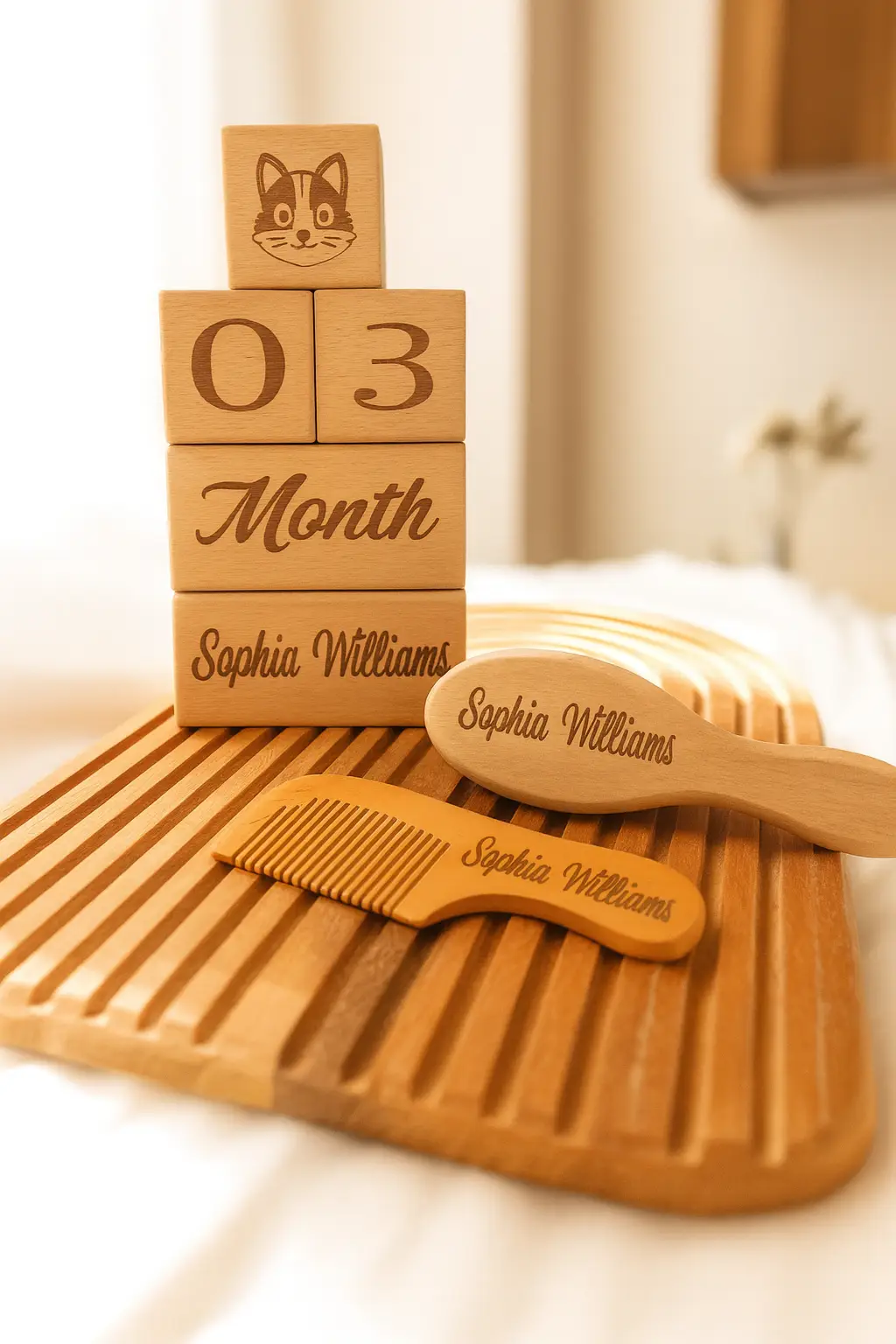 Personalized Wooden Baby Brush & Milestone Blocks | Custom Engraved Keepsake Set - thumbnail 1