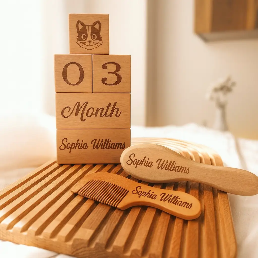 Personalized Wooden Baby Brush & Milestone Blocks | Custom Engraved Keepsake Set - thumbnail 2