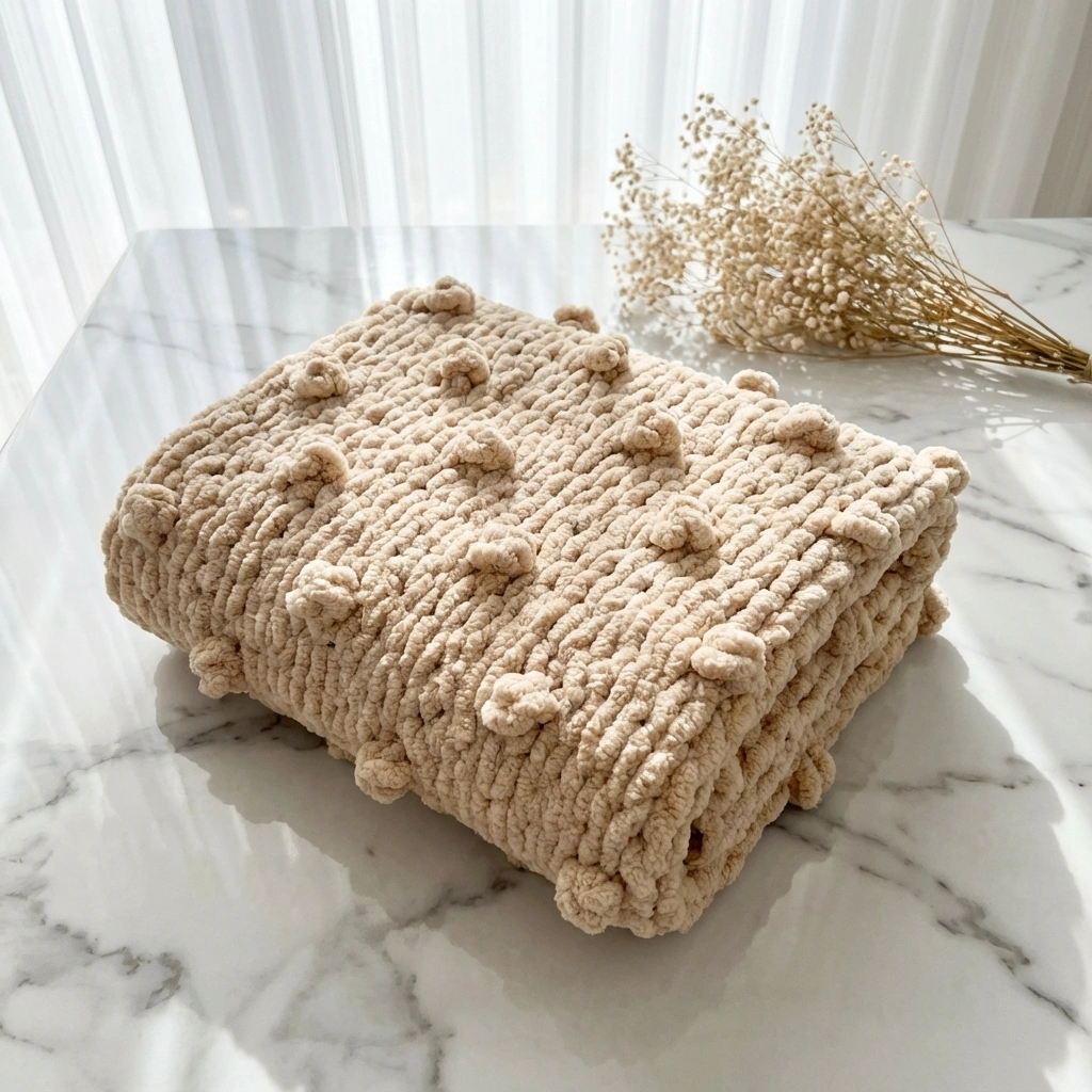 Teddy Bear Pom Pom Baby Blanket | Handmade Chunky Knit Nursery Essential - thumbnail 2
