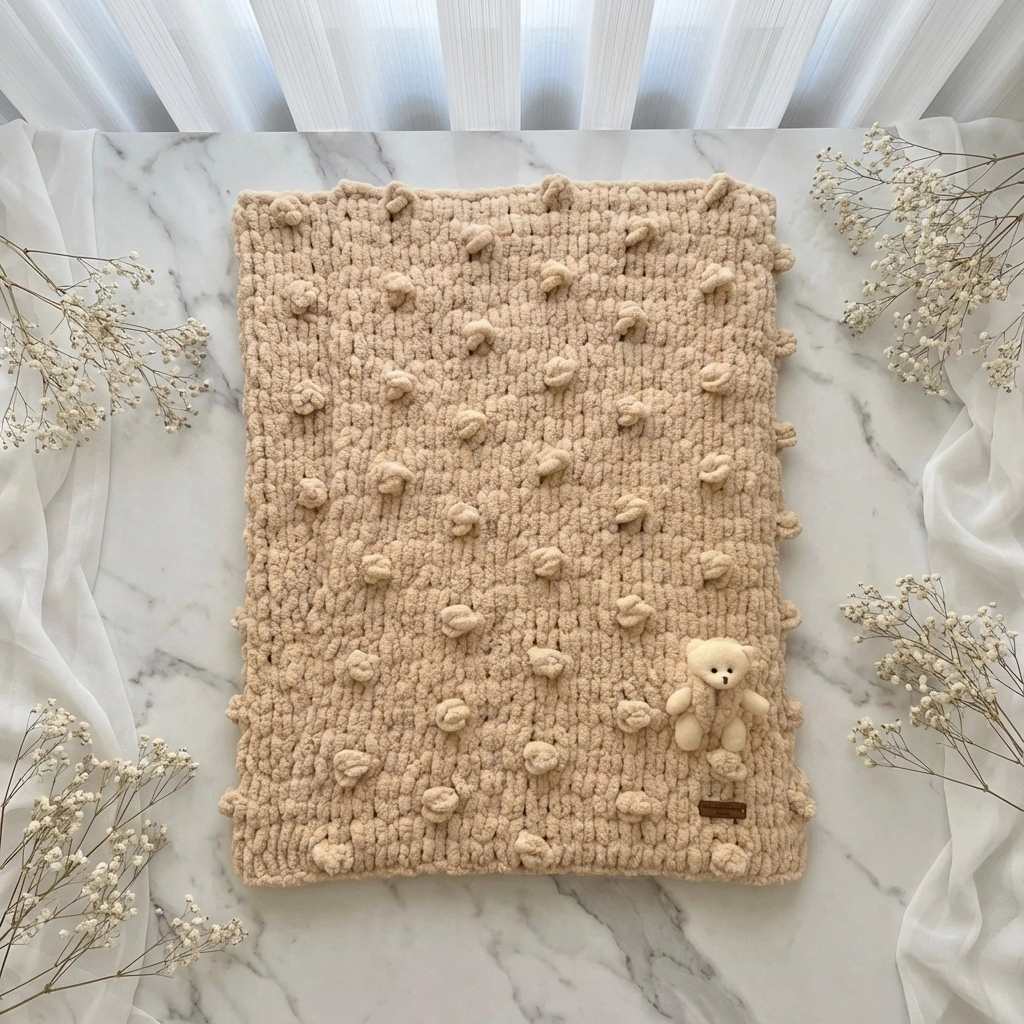 Teddy Bear Pom Pom Baby Blanket | Handmade Chunky Knit Nursery Essential - thumbnail 3