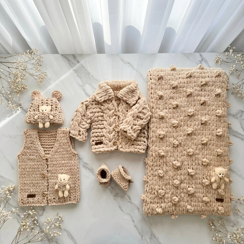 Complete Handmade Chunky Knit Baby Set | 5-Piece Teddy Bear Collection for Newborns - thumbnail 3