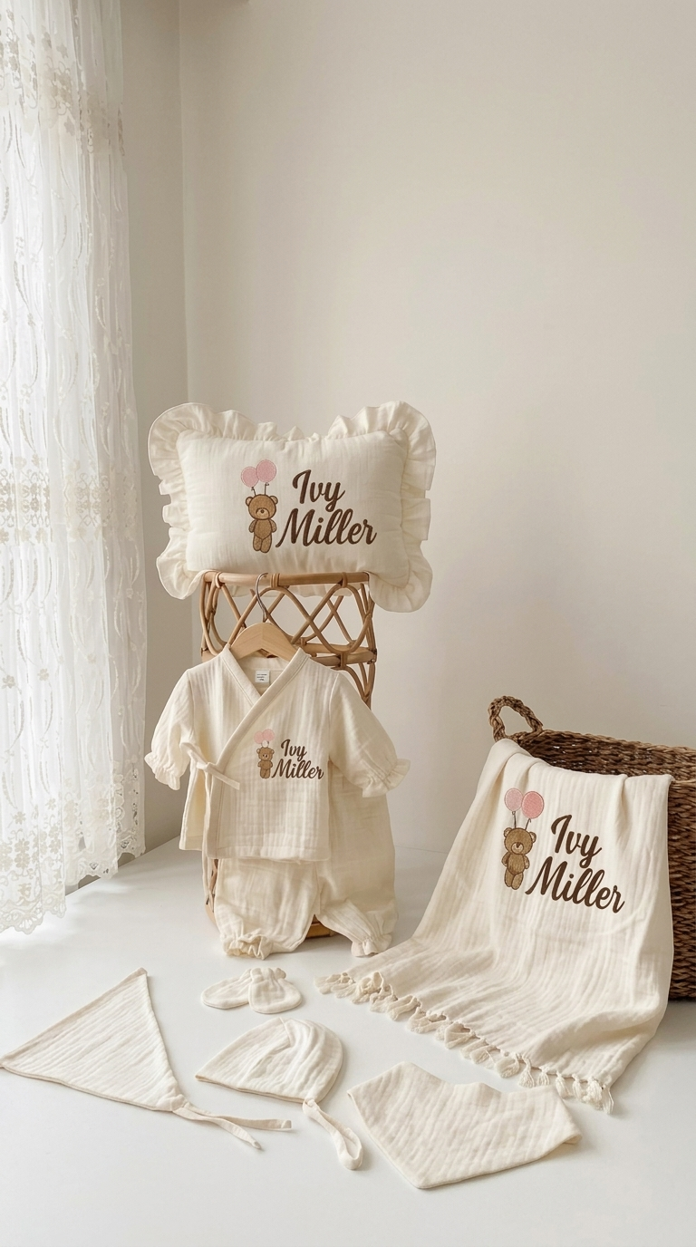 Teddy Bear Balloons 6-Piece Personalized Organic Muslin Baby Set - thumbnail 1