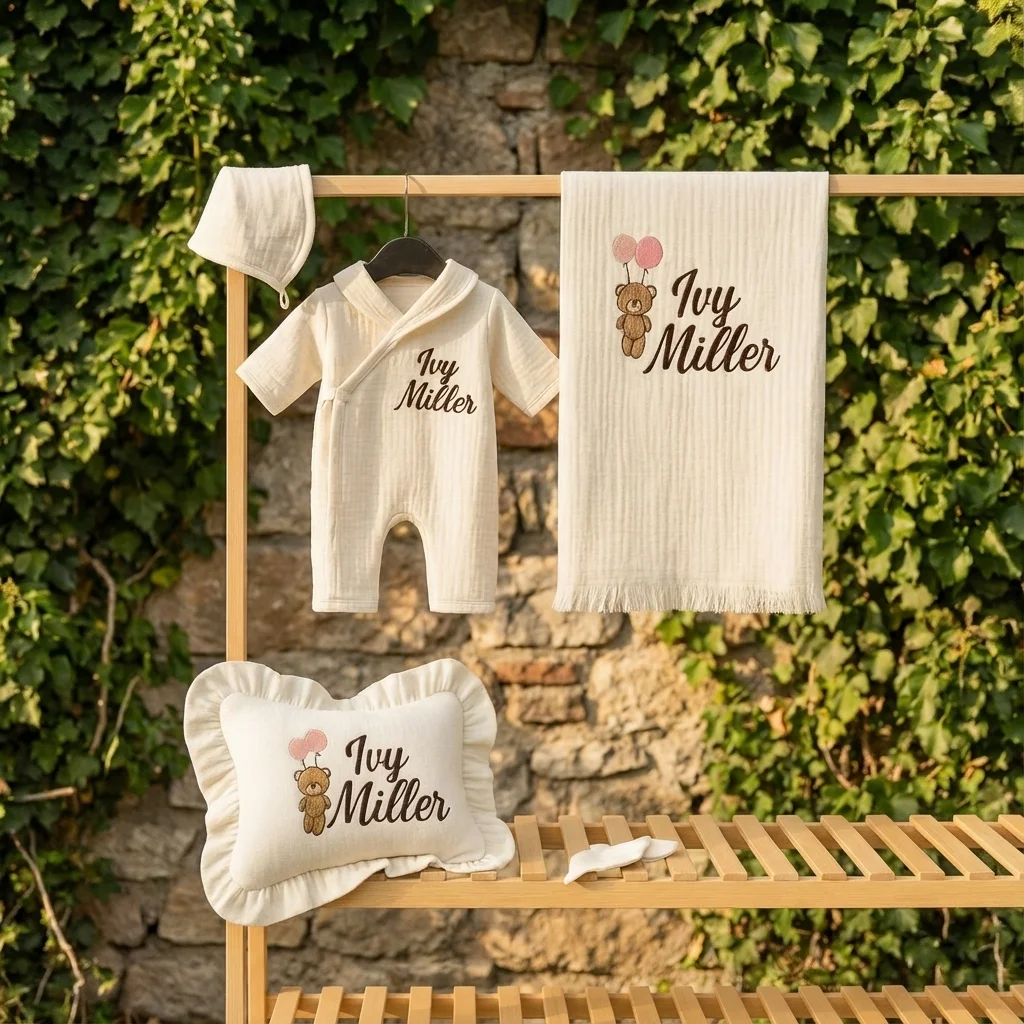 Teddy Bear Balloons 6-Piece Personalized Organic Muslin Baby Set - thumbnail 2