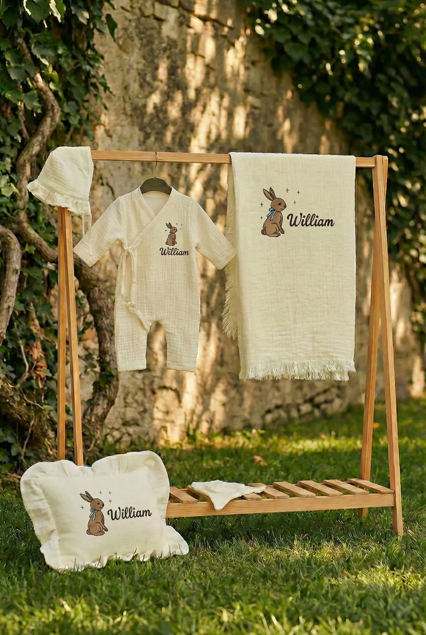 Little Prince's Tale Baby Set | 6-Piece Personalized Muslin Collection with Amigurumi Bunny - thumbnail 2
