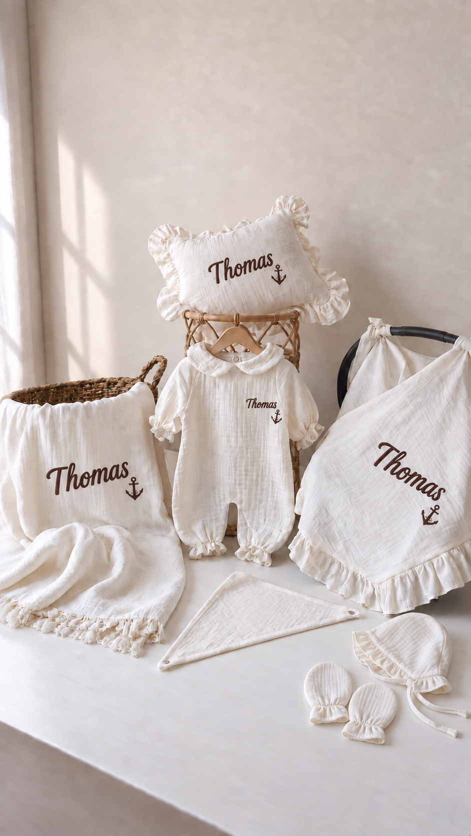 Anchored in Love Baby Set | 6-Piece Personalized Muslin Collection with Anchor Embroidery - thumbnail 1