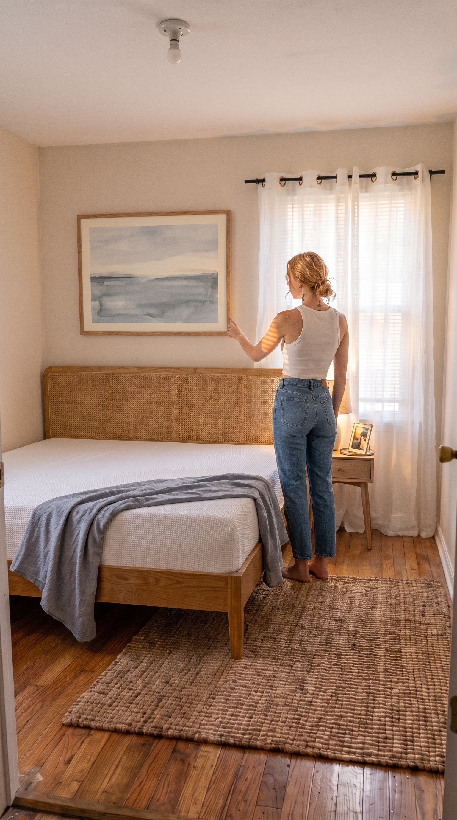 Framed coastal art above the bed