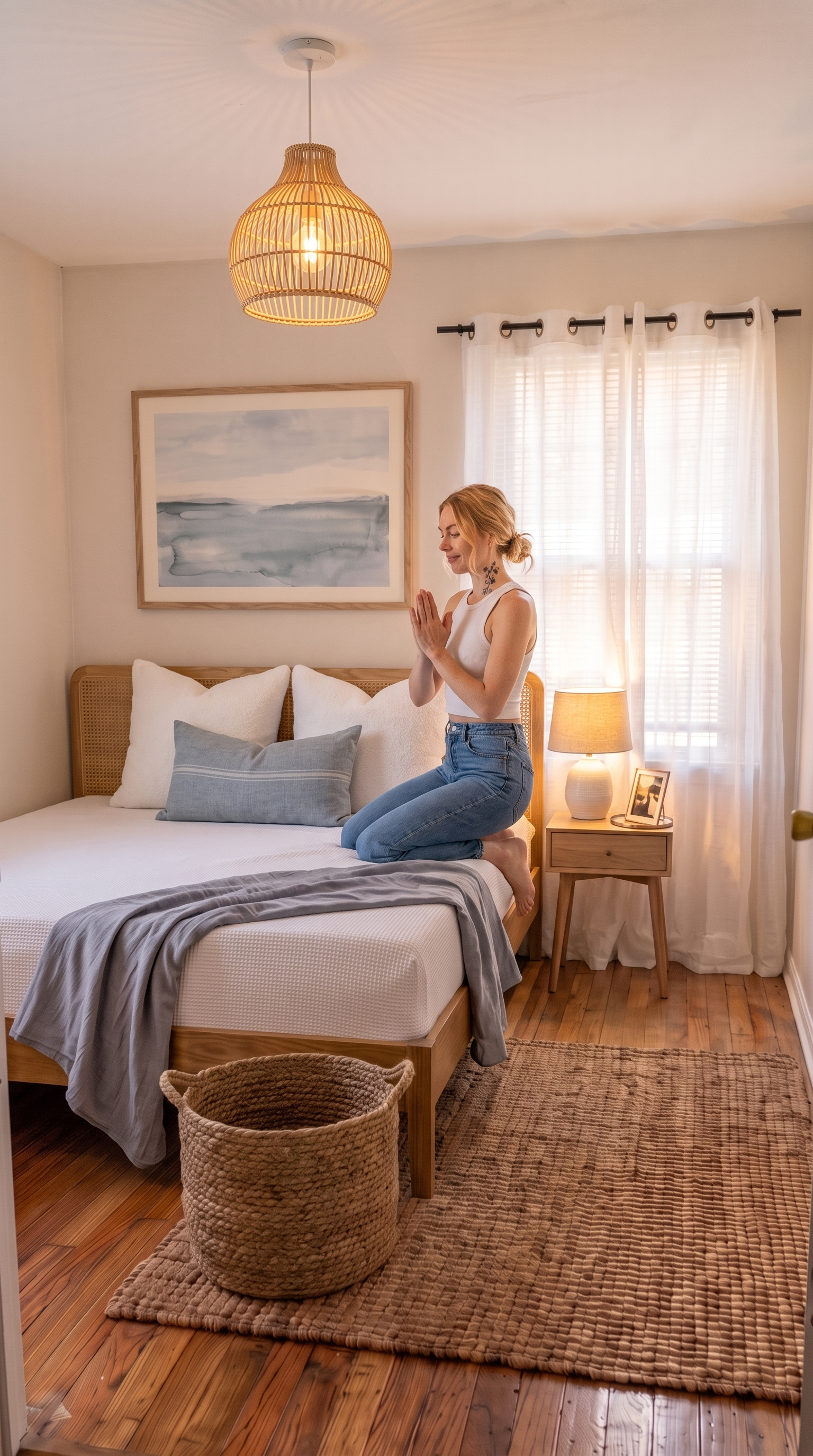 After: the same rental bedroom, transformed into a modern coastal retreat