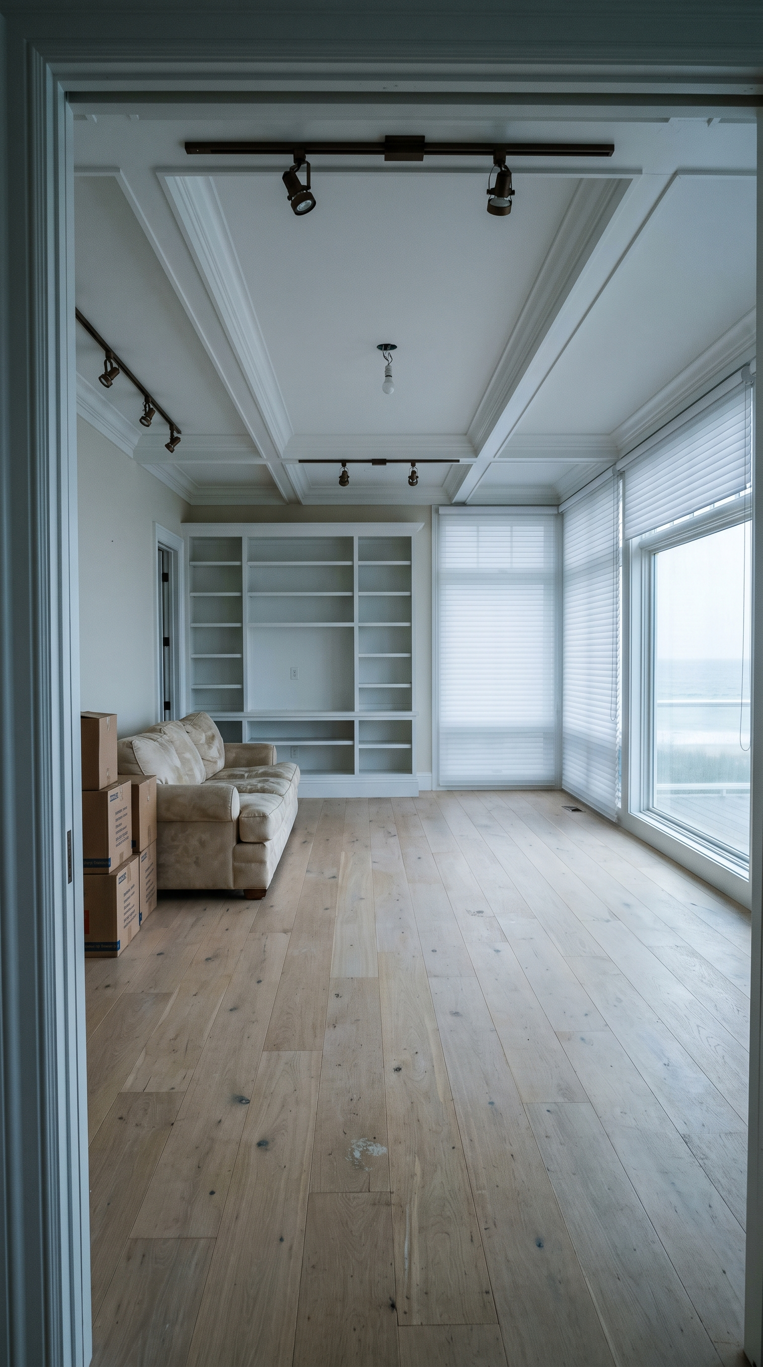 Before: an empty Hamptons-style living room with coffered ceilings, oak floors, and empty built-ins