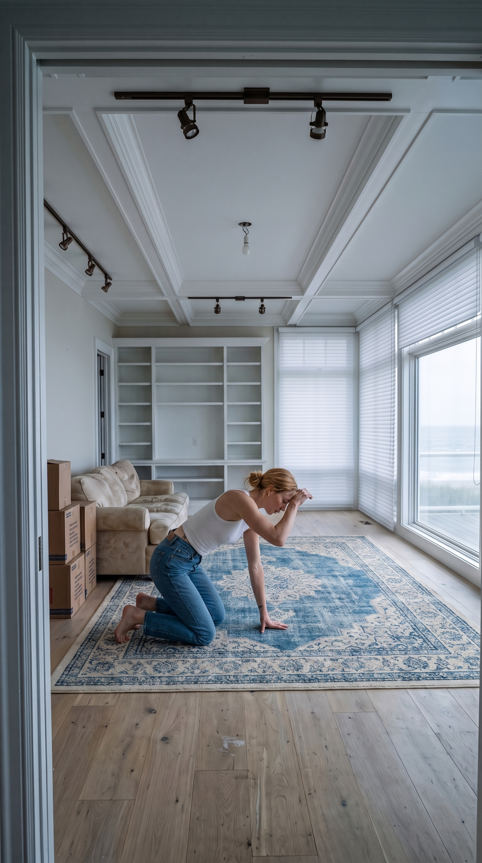 Blue vintage-style area rug anchors the seating area