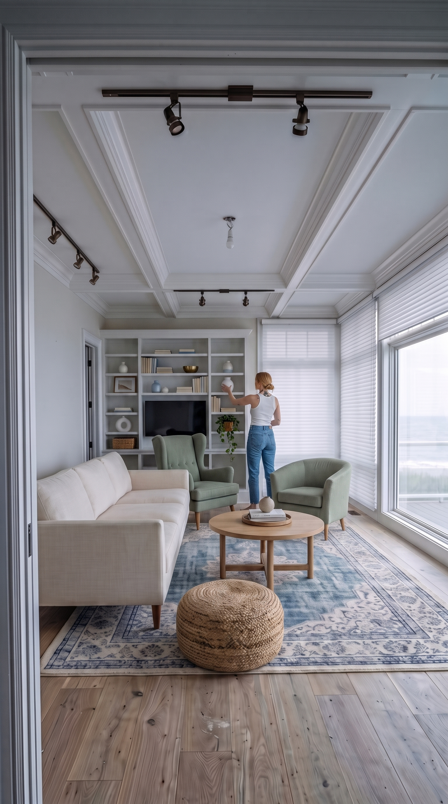Built-in bookshelves styled with books, ceramics, and a small potted plant