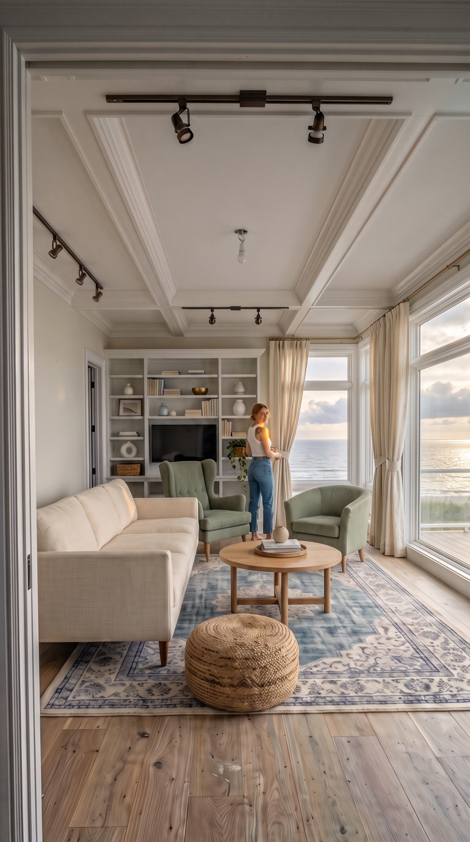 Cream linen curtains at the tall windows soften the light