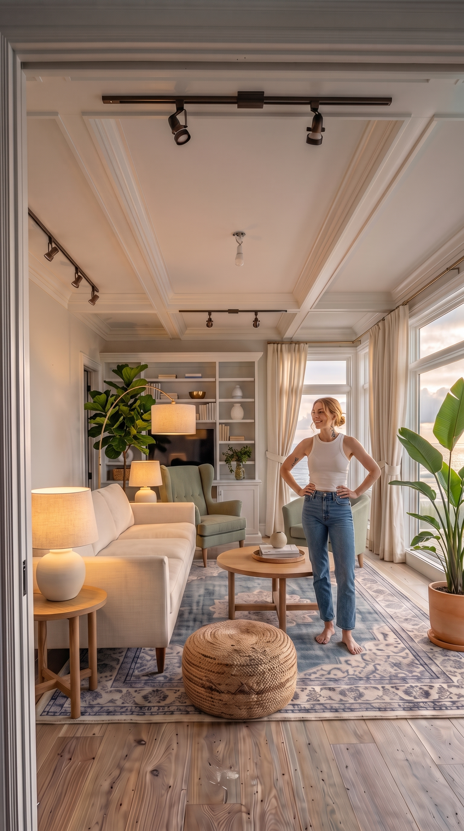 After: the same living room, transformed into a Hamptons-luxe coastal retreat