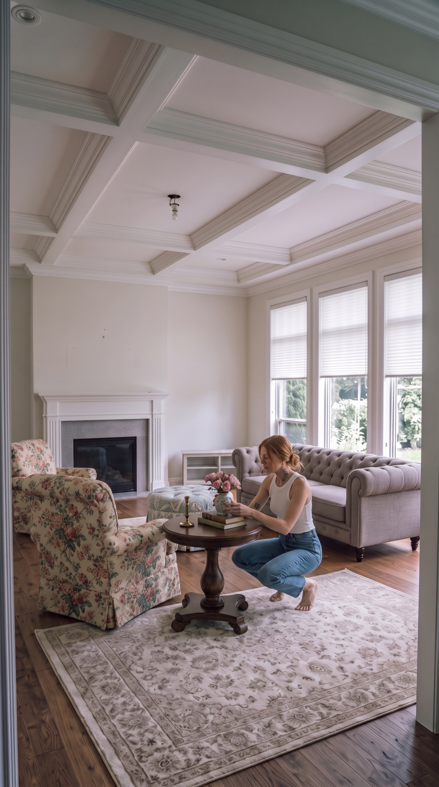 Round dark-wood pedestal coffee table with a stack of books and a small vase