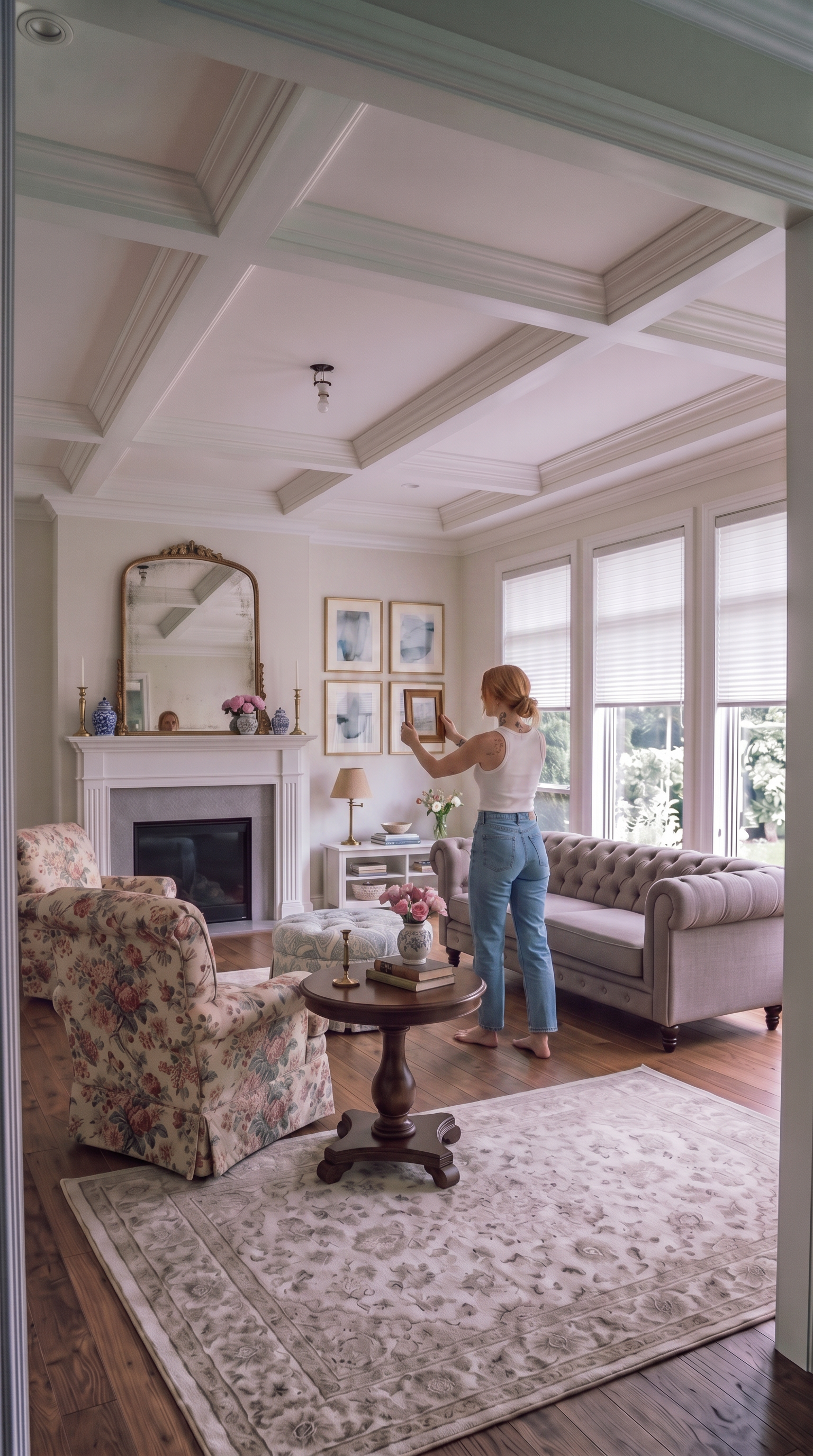 A grid of six blue and white framed prints hangs beside the fireplace