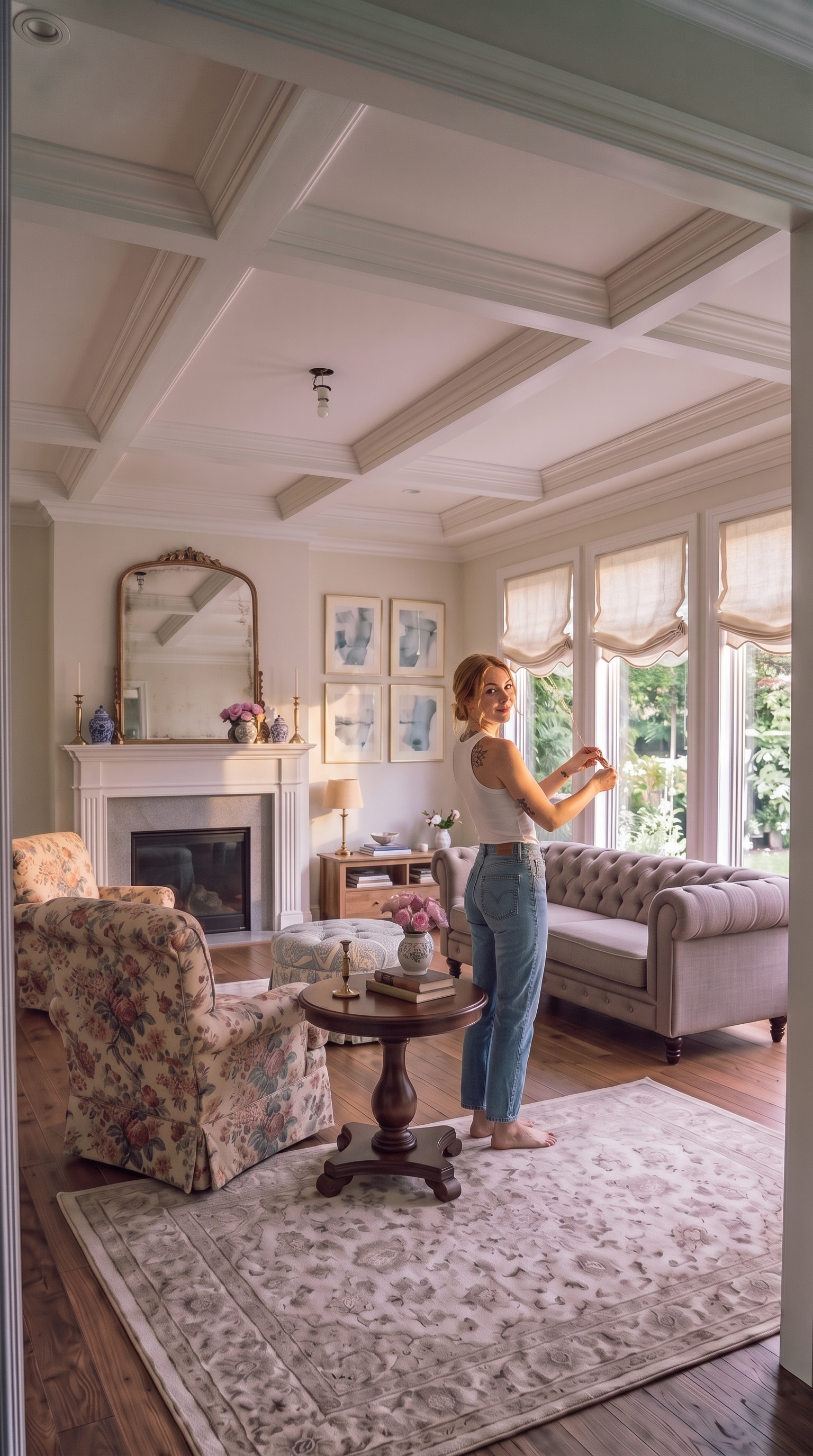 Cream linen roman shades soften the bay window light