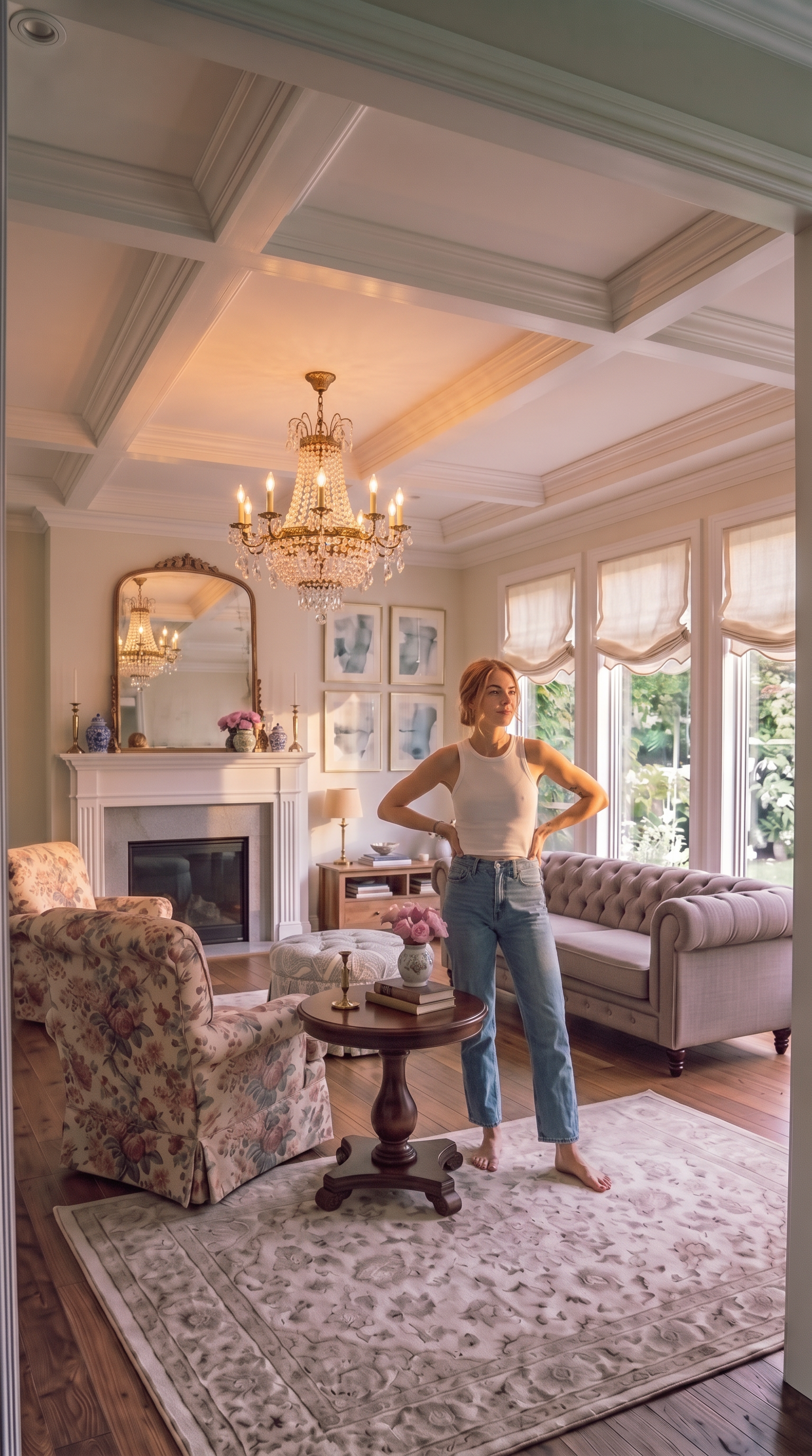 After: the same living room, transformed into a grand-millennial Connecticut country retreat