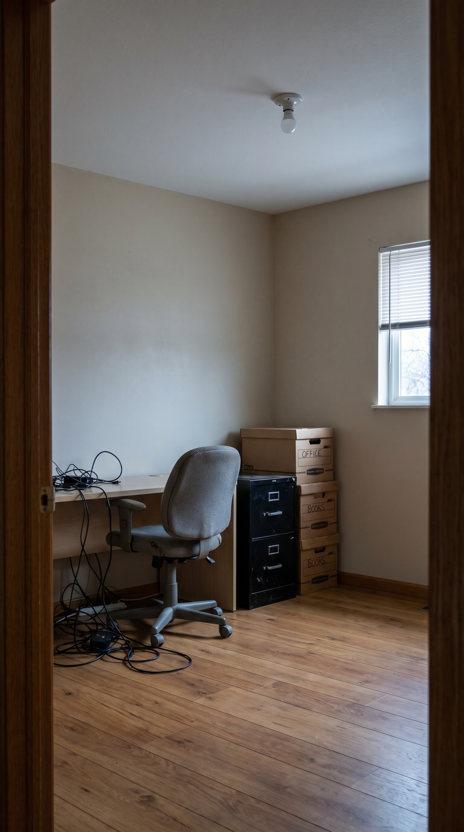 Before: a cluttered spare room used as a home office with cheap desk, tangled cables, and boxes stacked in the corner