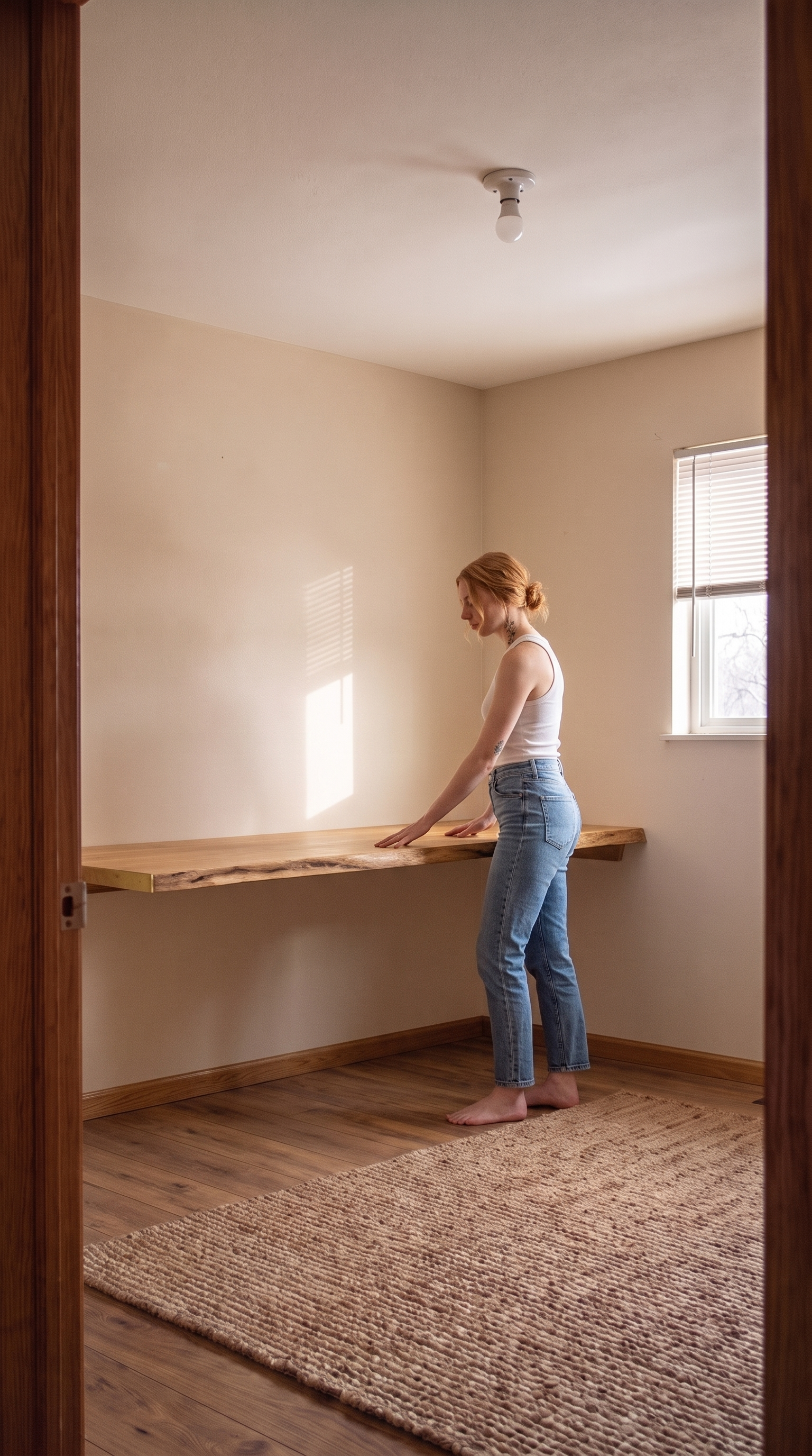 A solid white oak floating desk mounted against the back wall, live-edge front, brass edge trim