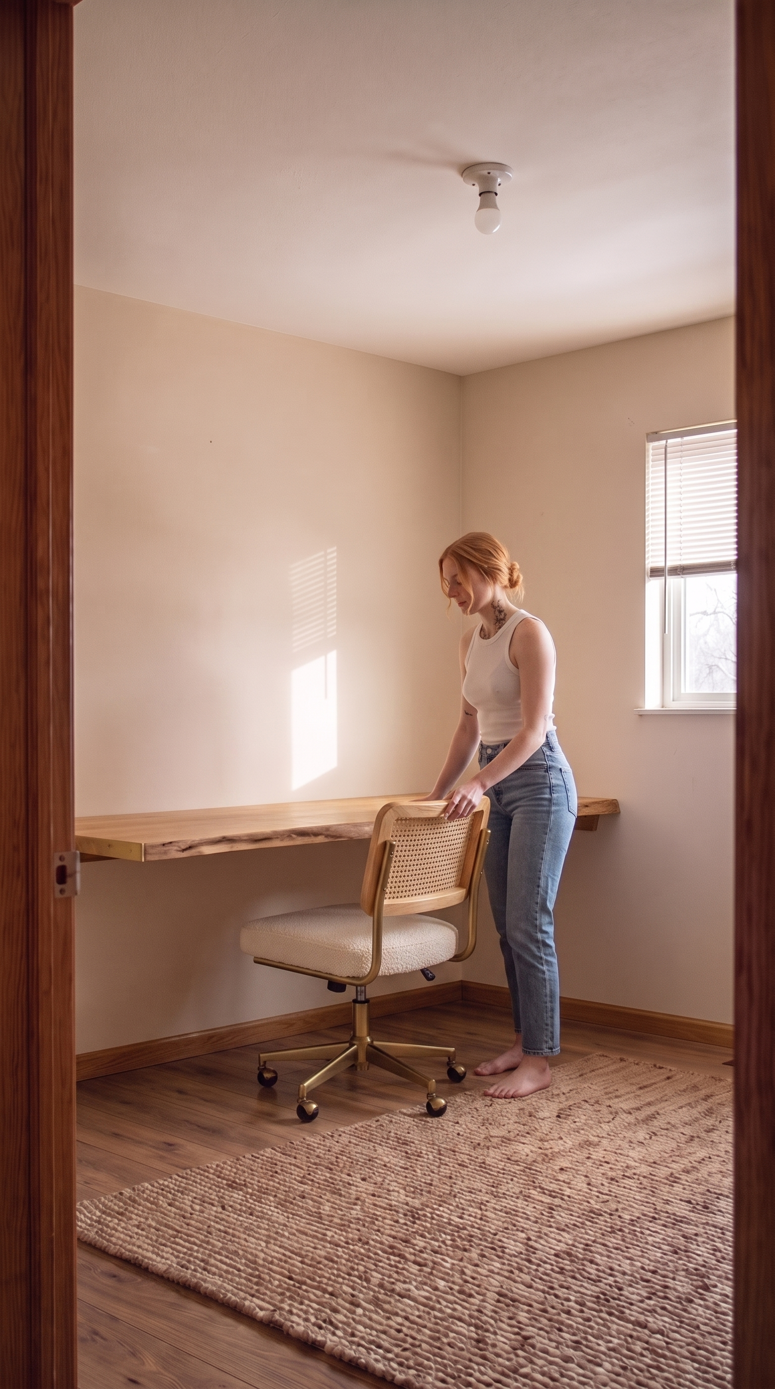 A sculptural cane-back office chair with a cream boucle seat and brass base sits in front of the oak desk
