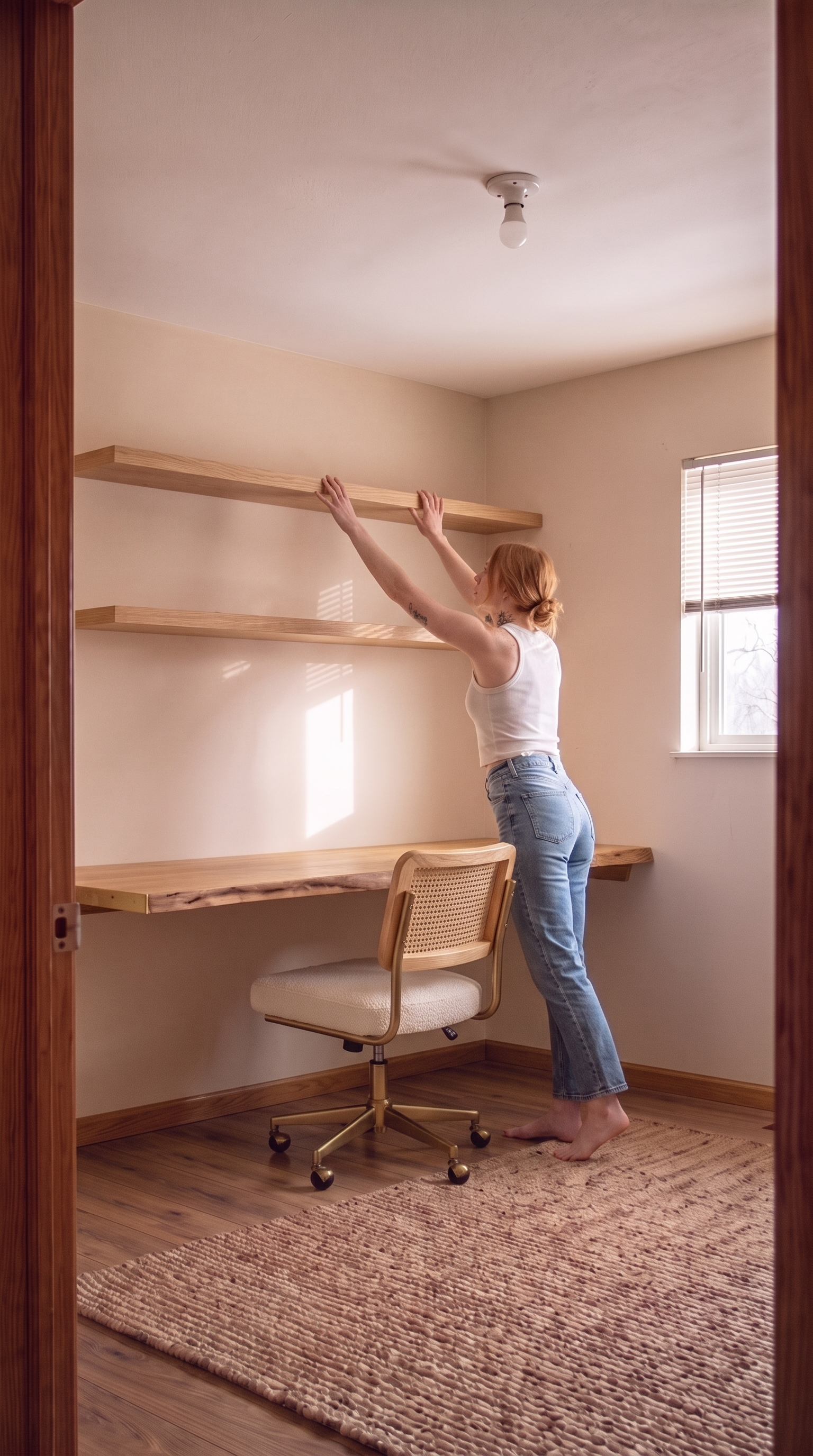 Two clean-lined solid oak floating shelves mounted above the desk with brass hidden hardware