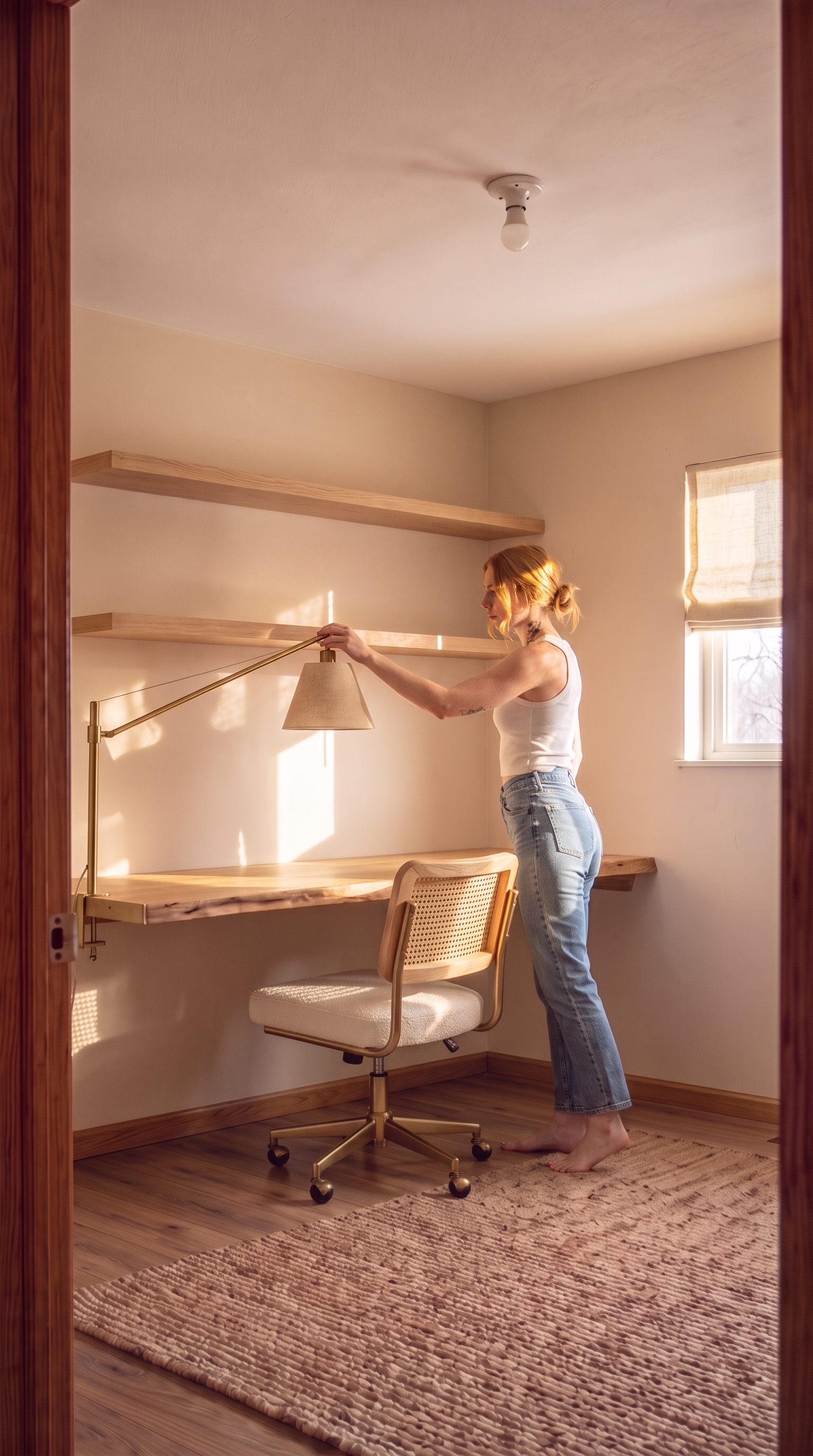A slim brushed brass swing-arm task lamp mounted at the left edge of the desk, with a linen roller shade replacing the plastic blinds