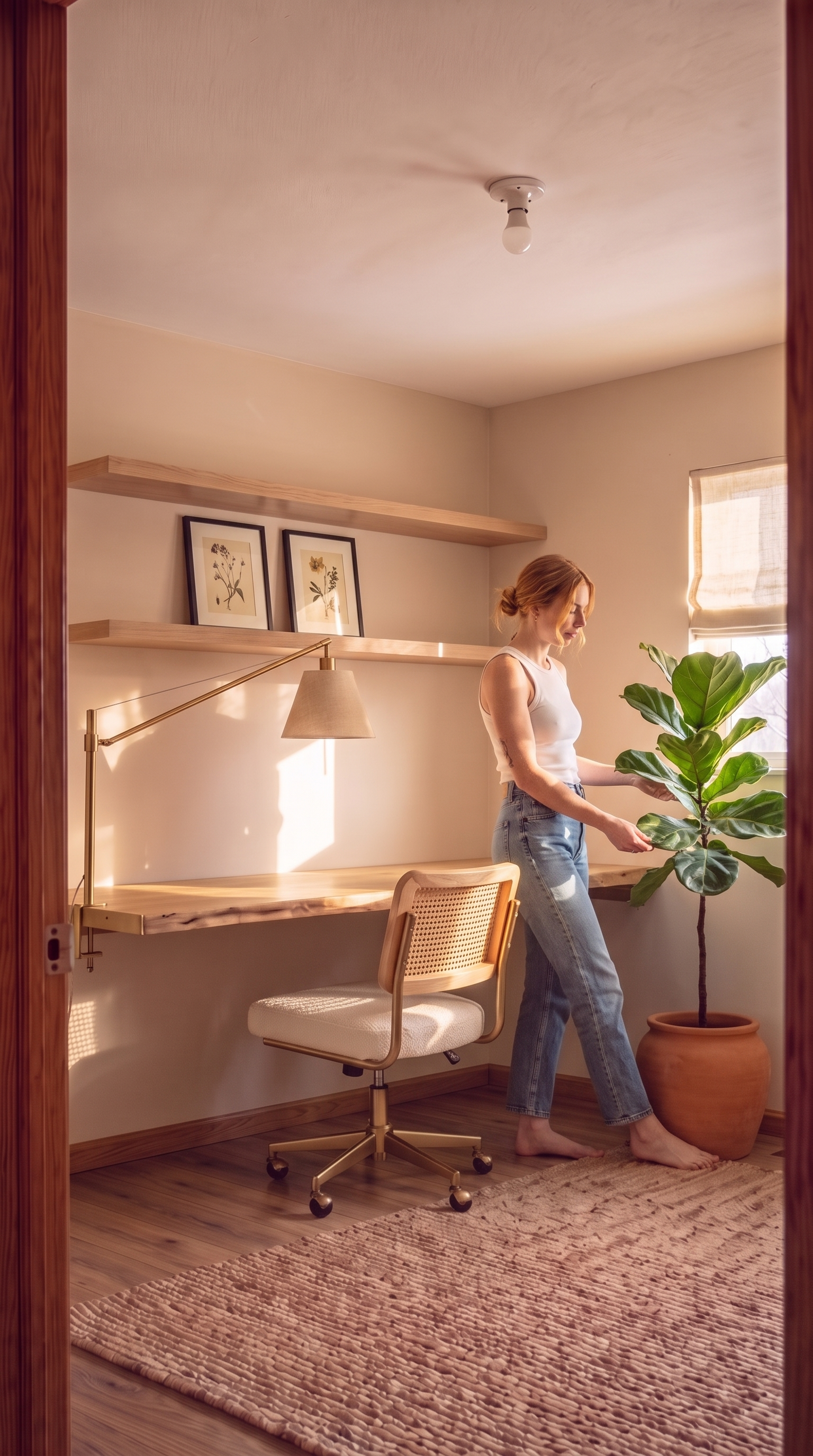 A mature fiddle-leaf fig in a terracotta pot beside the desk, and two black-framed botanical prints hung between the floating shelves