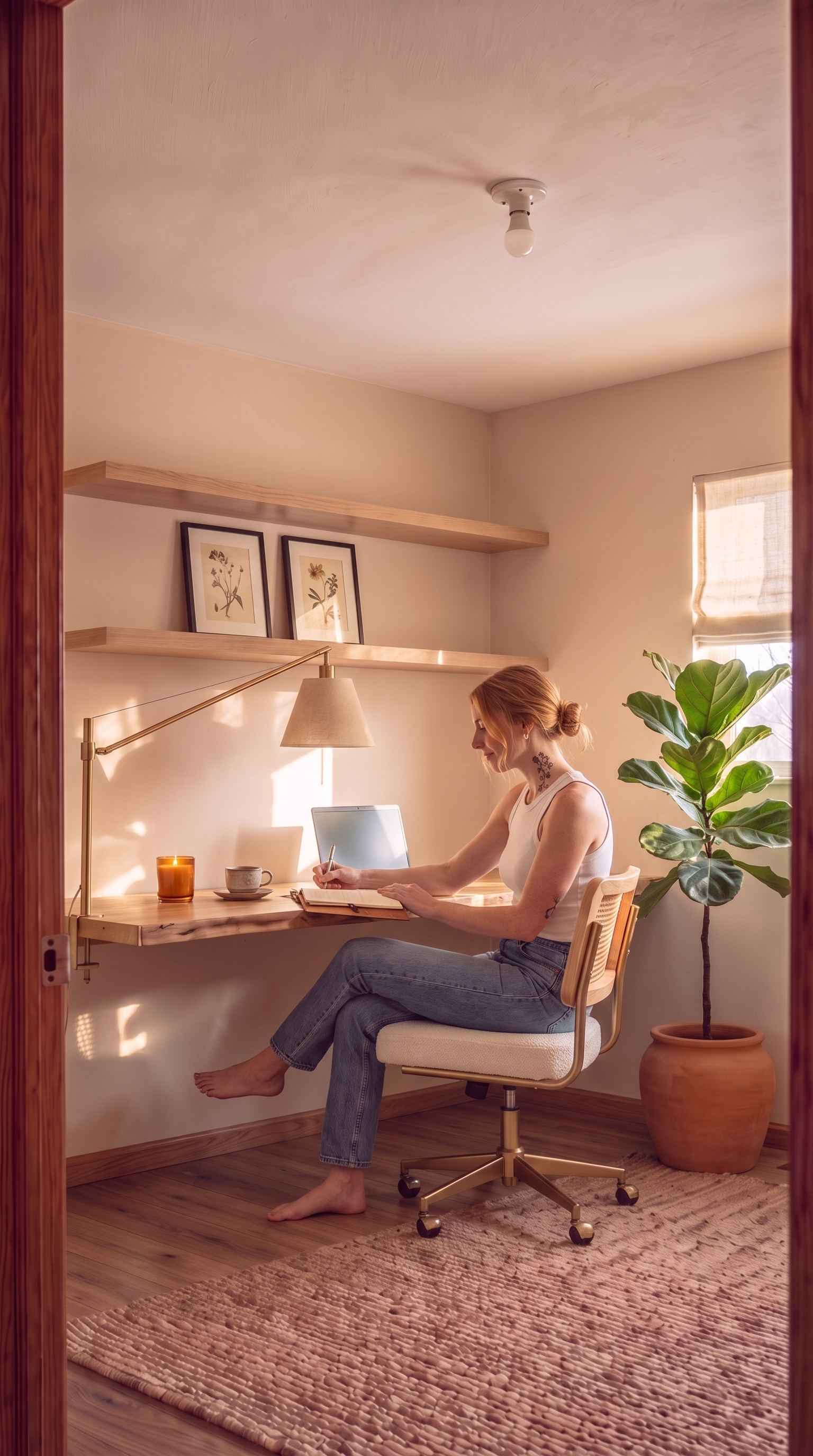 After: the same spare room, now a Modern Organic workspace she actually wants to walk into